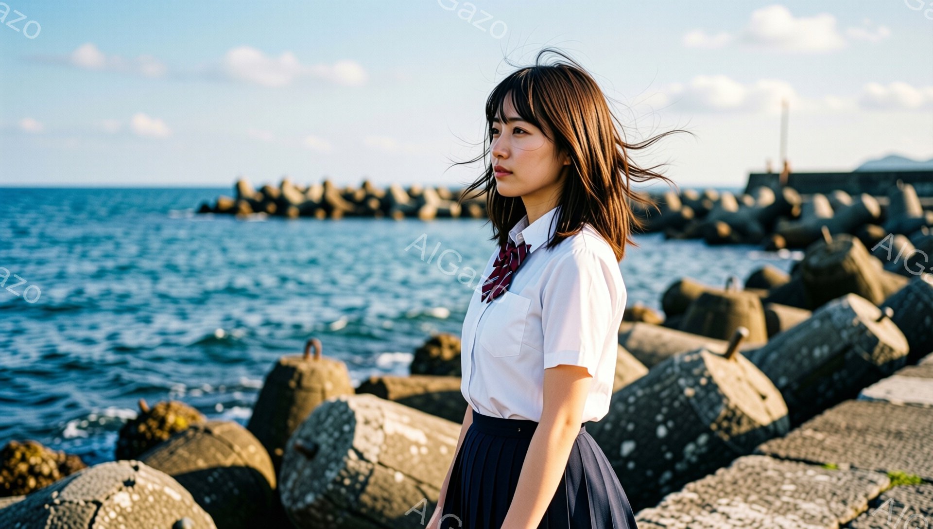 明るい日差しの中、セーラー服を着た若い女性が海を背景に立っている。彼女は少し横を向き、風になびく髪と憂いを帯びた表情が印象的だ。背景には波打ち際のコンクリートの防波堤と青い海が広がり、穏やかで少し寂しげな雰囲気を醸し出している。