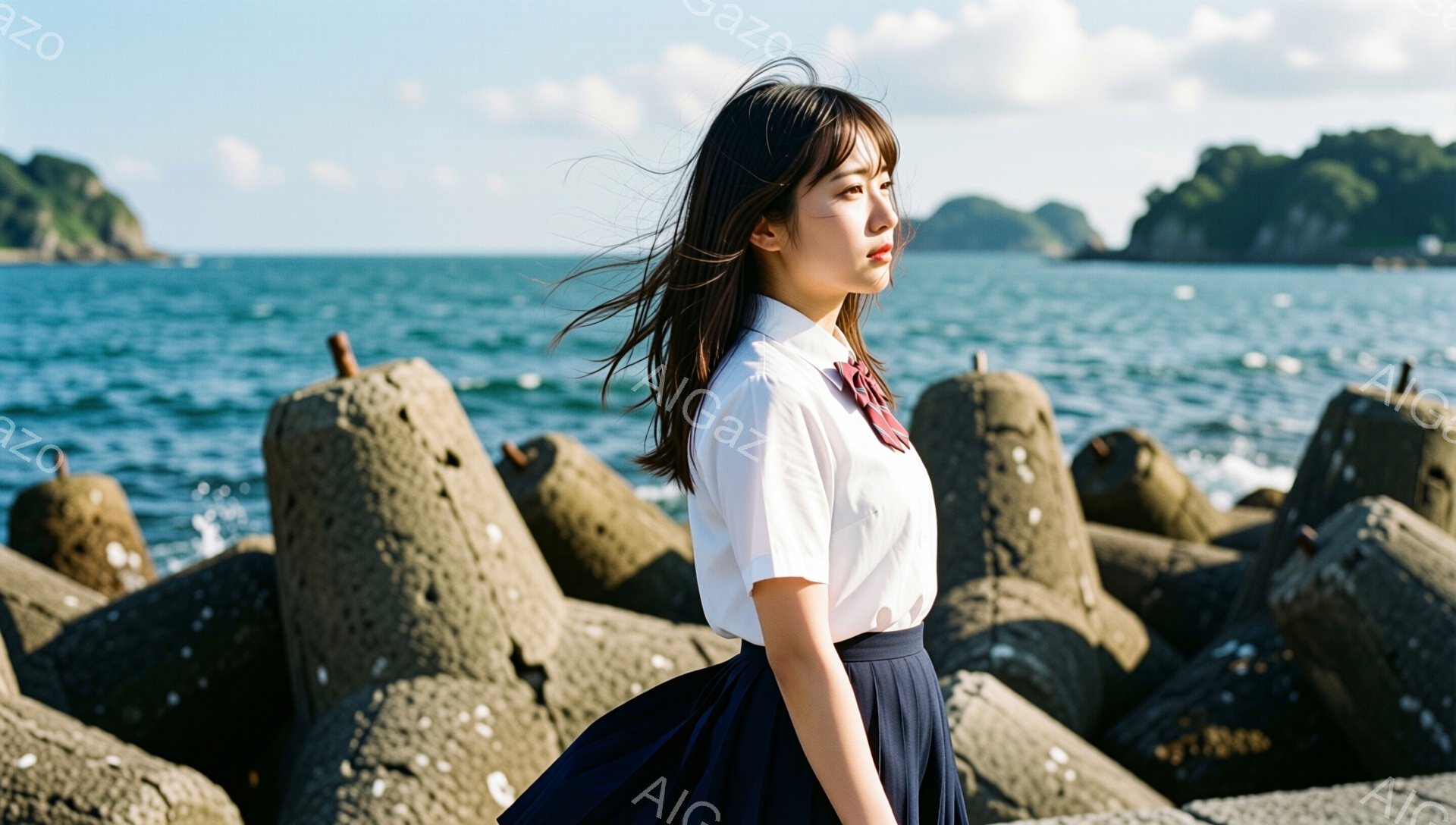 制服を着た若い女性が、波止場に並んだコンクリートの塊の前に立っている。彼女は白いシャツにネクタイ、紺色のスカートを着用し、髪を肩まで伸ばして風になびかせている。背景には青い海と緑豊かな山々が広がり、晴れた日の穏やかな雰囲気を醸し出している。