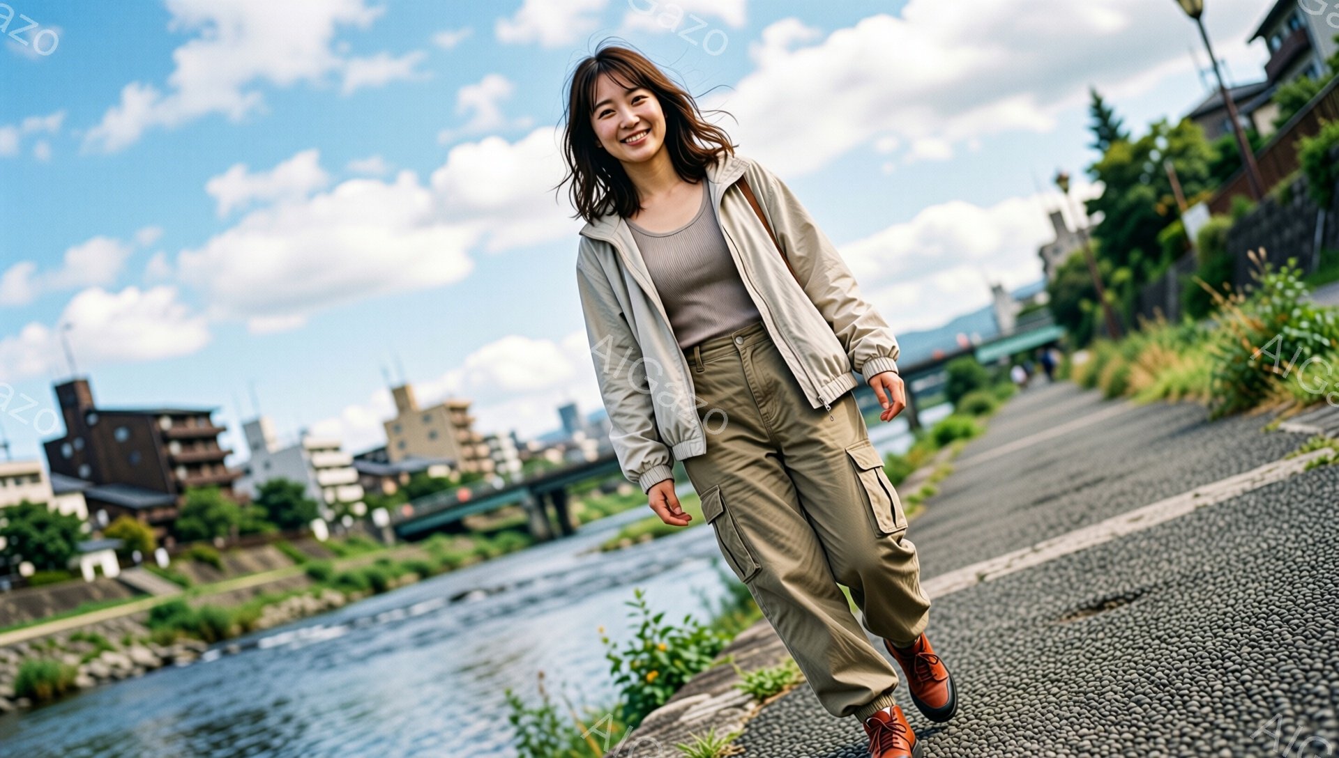 若い女性が、ベージュのトラックジャケットとカーキ色のカーゴパンツを着用し、川沿いの道を歩いている。彼女は少し微笑んでおり、髪は肩にかかる長さで自然なスタイルだ。背景には、低い建物や緑豊かな木々が見え、晴天で白い雲が浮かび、全体的に活気があり爽やかな雰囲気である。