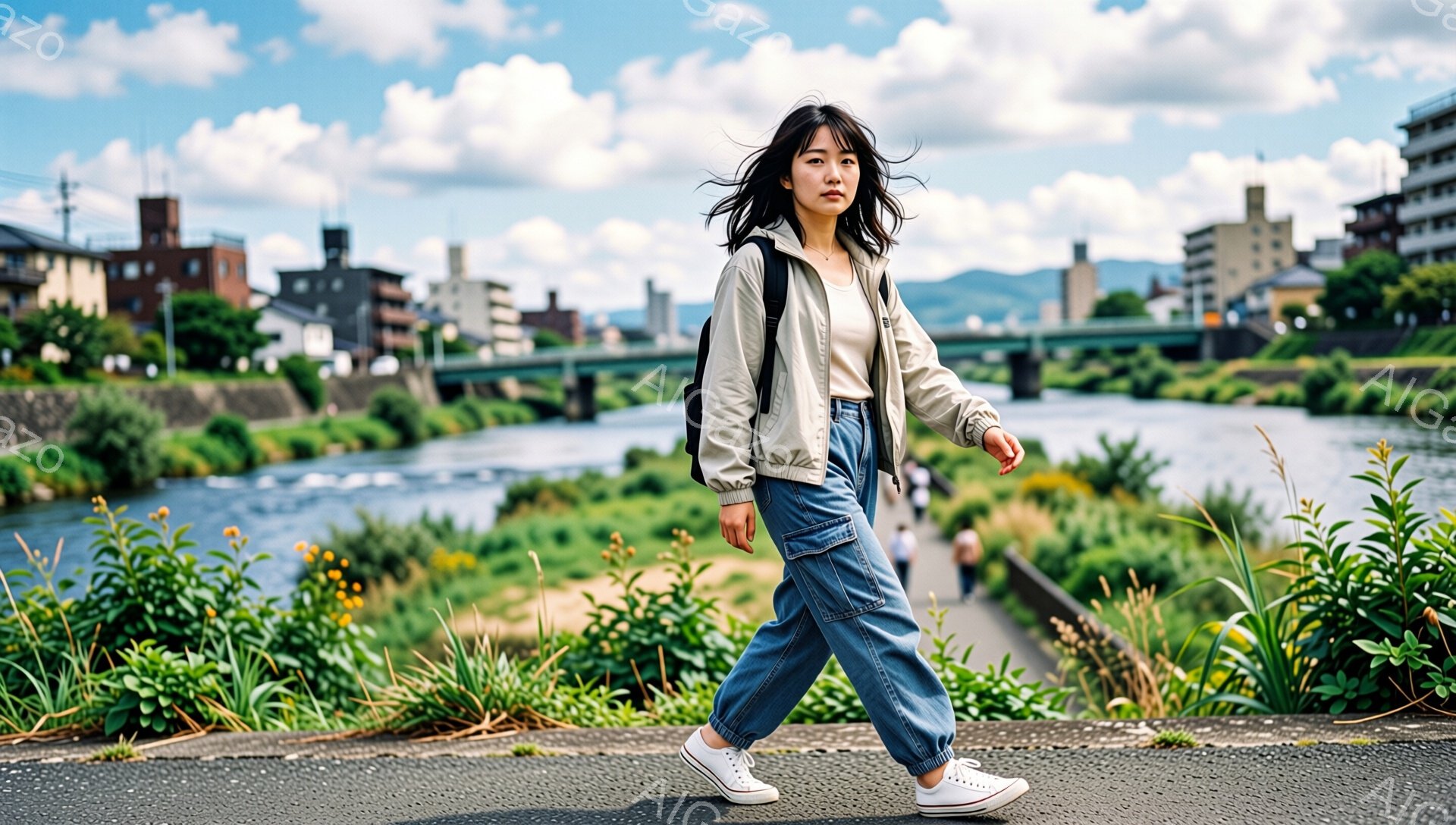 若い女性がアスファルトの道の上を歩いており、デニムのカーゴパンツ、白いスニーカー、ベージュのジャケットを着用しています。彼女は長くダークブラウンの髪をしており、リラックスした表情で、少し横を向いています。背景には、緑豊かな植物、川、橋、そして遠くには建物と山々が見え、晴れた空が広がっています。