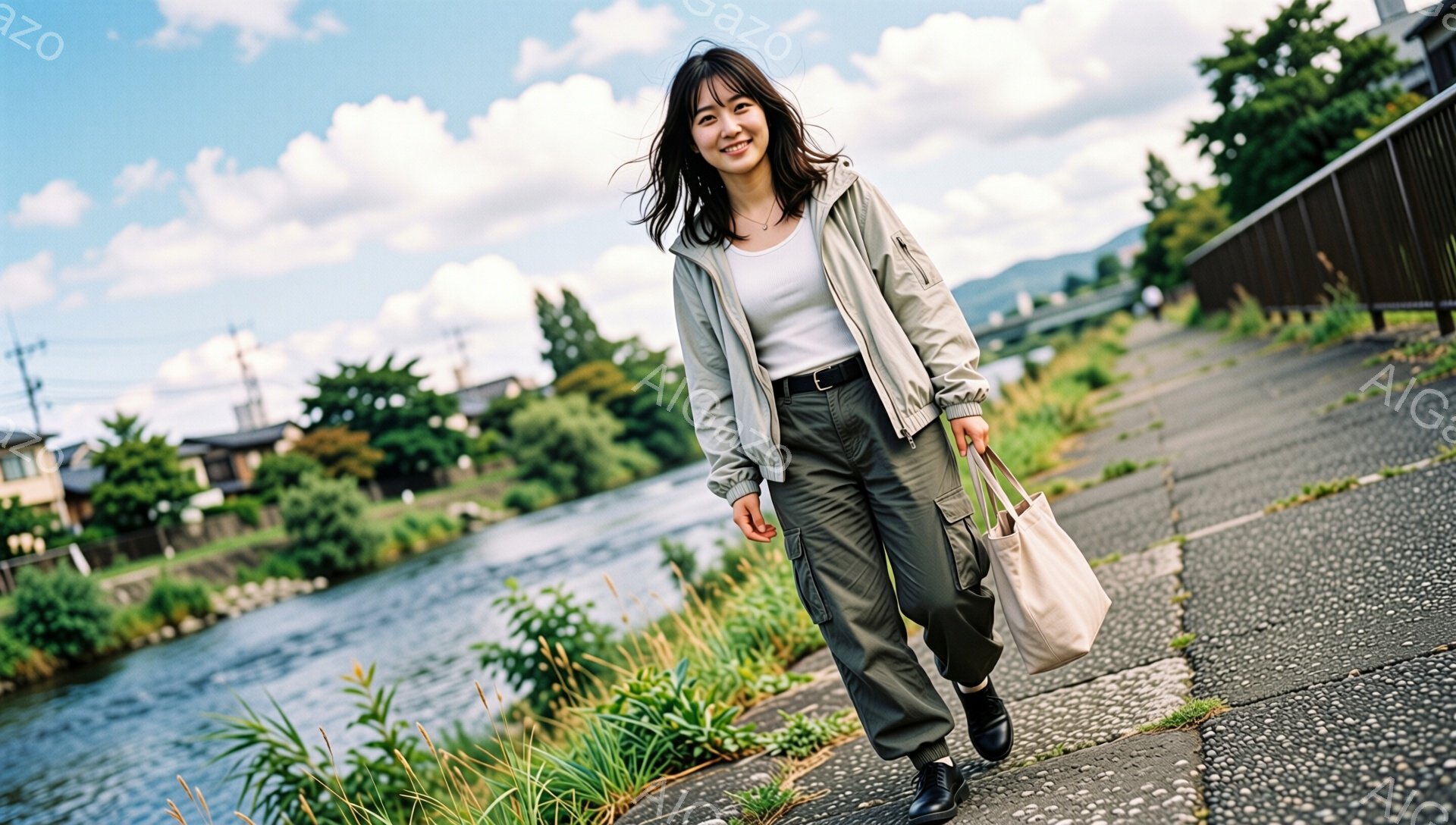 若い女性が、ベージュのウィンドブレーカーとカーキ色のカーゴパンツを着用し、白いTシャツを着ています。彼女は少し微笑んでおり、左手にベージュ色のトートバッグを持って、舗装された遊歩道を歩いています。背景には、緑豊かな川、草むら、そして遠くに見える家々や山々が広がっており、晴れた空が広がっています。