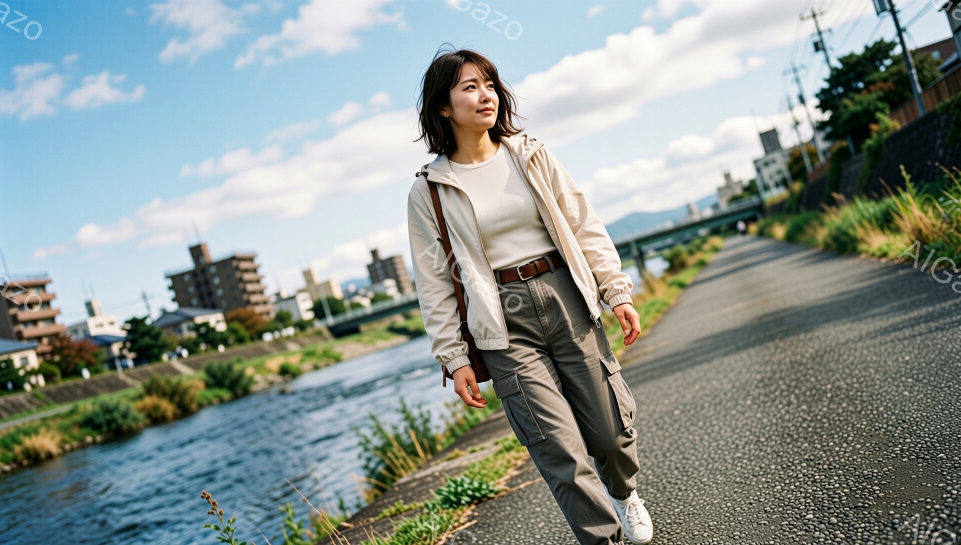 長い髪を軽くウェーブさせた女性が、アスファルトの道の上を歩いている。ベージュのパーカーとカーゴパンツ、白いスニーカーというカジュアルな服装で、リラックスした表情をしている。背景には川や緑豊かな草地、遠くには建物が見え、晴天の下、穏やかな雰囲気が漂っている。