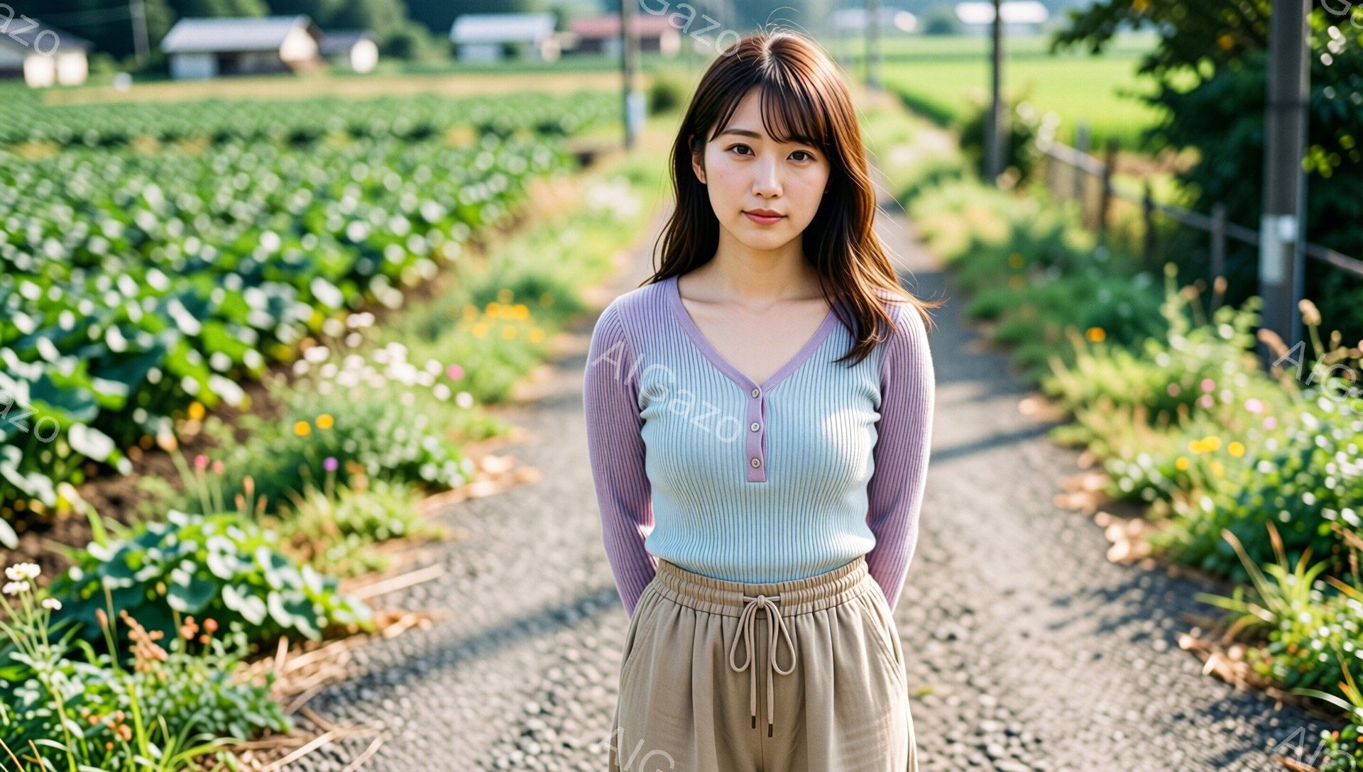 若い女性が畑の中の砂利道に立っている。彼女は薄い水色の長袖ニットに薄紫色の縁取りがあり、ベージュ色のゆったりとしたパンツを履いている。背景には緑豊かな畑が広がり、遠くには建物が見え、晴れた日の穏やかな雰囲気が漂っている。