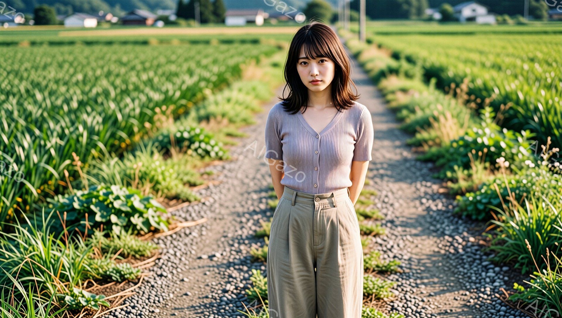 若い女性が、緑豊かな畑の中を走る砂利道を正面に見据えて立っている。彼女は薄紫色のカーディガンとベージュ色のワイドパンツを身につけ、前髪のあるダークブラウンのショートヘアに整えられている。背景には緑の作物が広がり、遠くには建物が見え、穏やかで自然な雰囲気が漂っている。