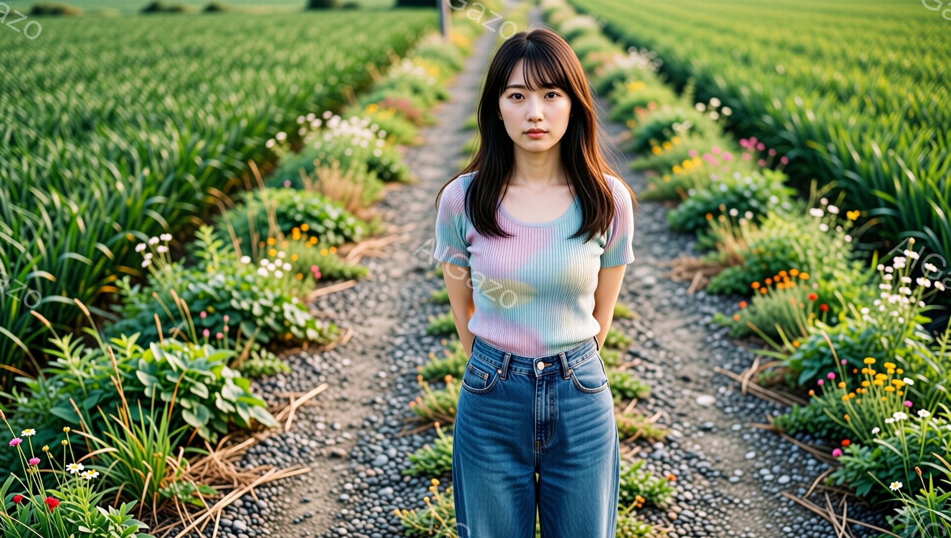 長い黒髪で、前髪は眉毛にかかる程度に整えられた若い女性が、花壇のある道で正面を向いて立っている。ストライプのカラフルなTシャツと、濃い色のジーンズを身につけており、表情は穏やかで少し物憂げである。背景には緑色の植物が整然と並び、色とりどりの花が咲き乱れ、暖かい日差しの中で静かで穏やかな雰囲気を醸し出している。