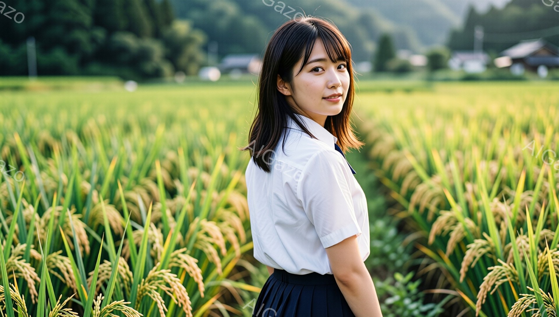 若い女性が黄金色の稲穂が広がる田んぼの中に立っている。彼女は白いシャツに紺色のスカートを着用し、髪は肩までの長さで軽くカールしている。彼女はカメラの方を振り返り、微笑んでおり、背景には緑豊かな山々と建物がぼんやりと見えている。