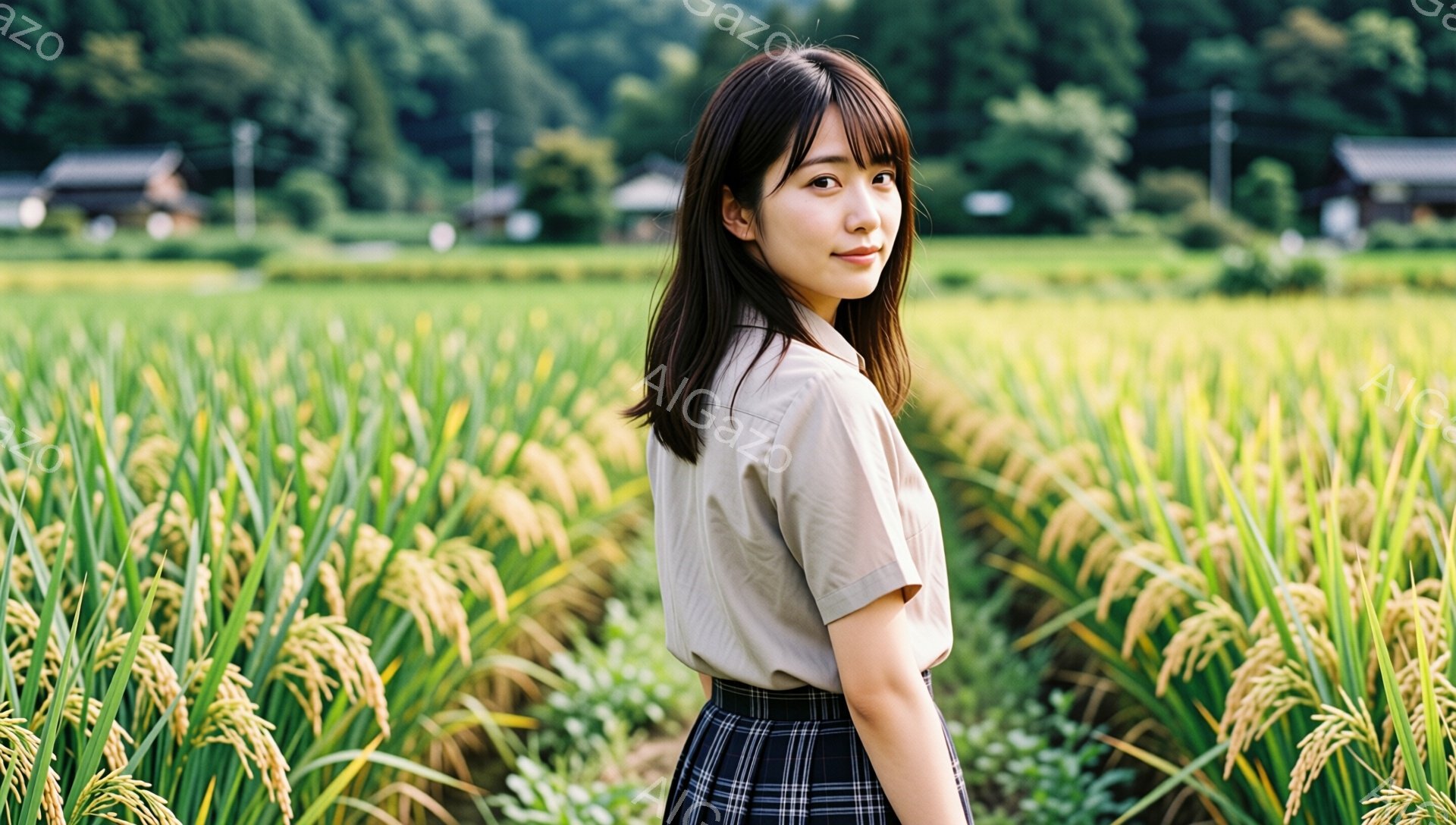 若い女性が田んぼの中を振り返って歩いている。ベージュ色のシャツにチェック柄のスカートを着用し、肩まで伸びた黒髪は少しカールしている。背景には緑豊かな田んぼと、遠くに木造の家屋が見え、晴天の下、穏やかで平和な雰囲気が漂っている。