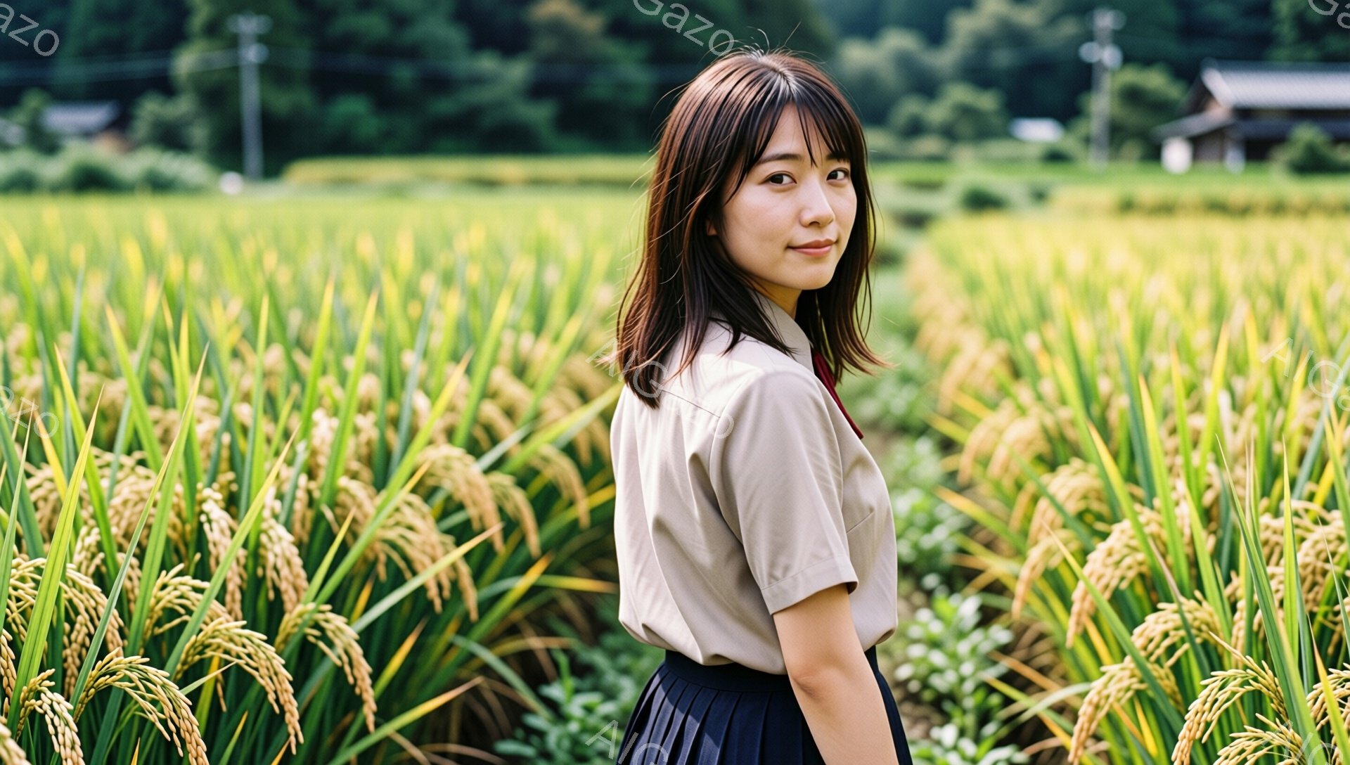 若い女性が黄金色の稲穂が広がる田んぼの中に立っている。彼女はベージュの半袖シャツと紺色のプリーツスカートを着ており、少し振り返って微笑んでいる。背景には緑豊かな山々と屋根が見え、晴れた日の穏やかな田園風景が広がっている。