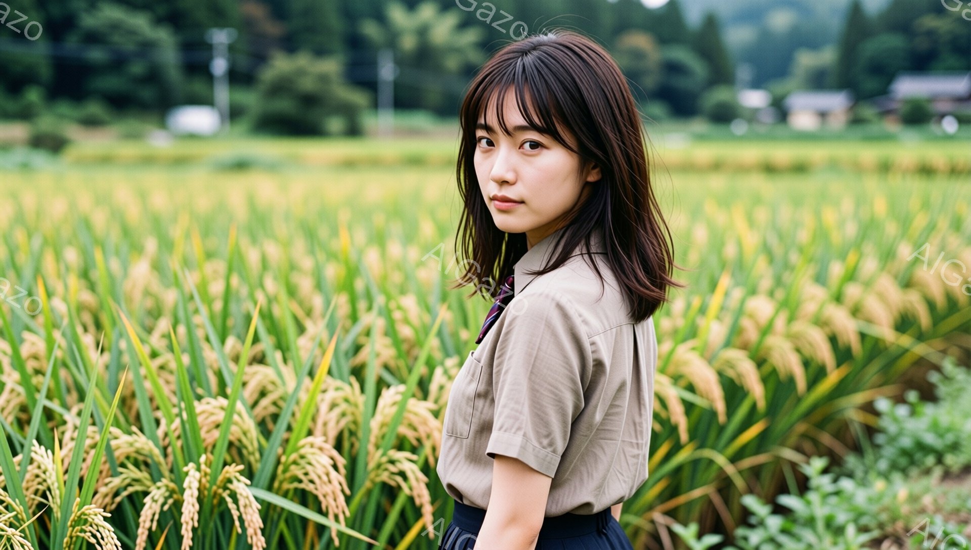 若い女性が田んぼの中に立っており、短い茶色の髪に前髪がぱっつんと切られています。ベージュ色のシャツと紺色のスカートを着ており、少し振り返ってこちらを見つめています。背景には黄金色の稲穂が広がり、遠くに建物や山々が見え、穏やかな秋の日の雰囲気が漂っています。
