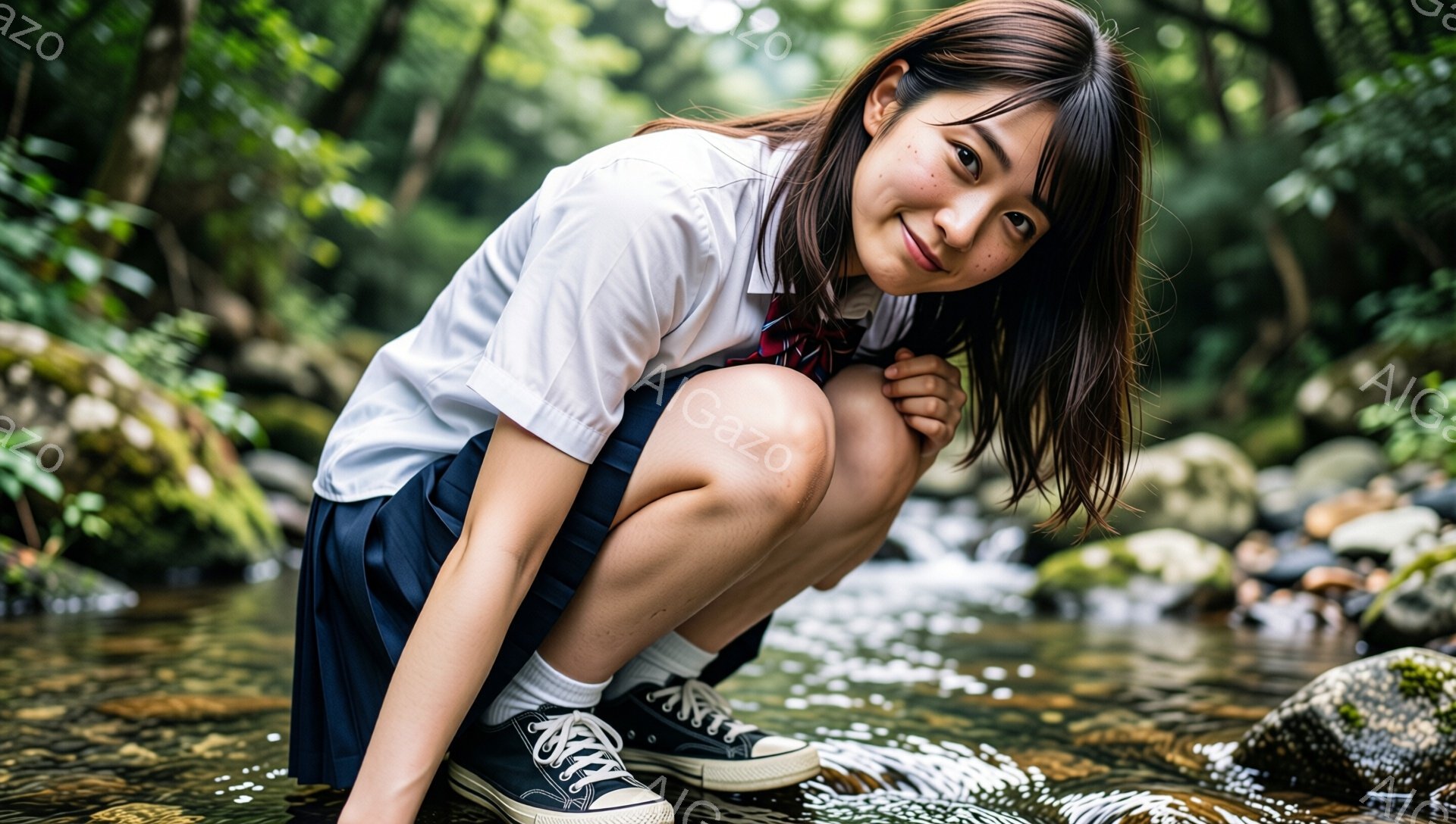 茶色の長い髪を肩まで伸ばした若い女性が、川のそばに膝をついて座っています。彼女は白いシャツに濃い青色のスカート、白い靴下と黒いスニーカーを履いており、制服のような服装をしています。背景には緑豊かな木々と水が流れる川があり、自然の中でリラックスした雰囲気が漂っています。