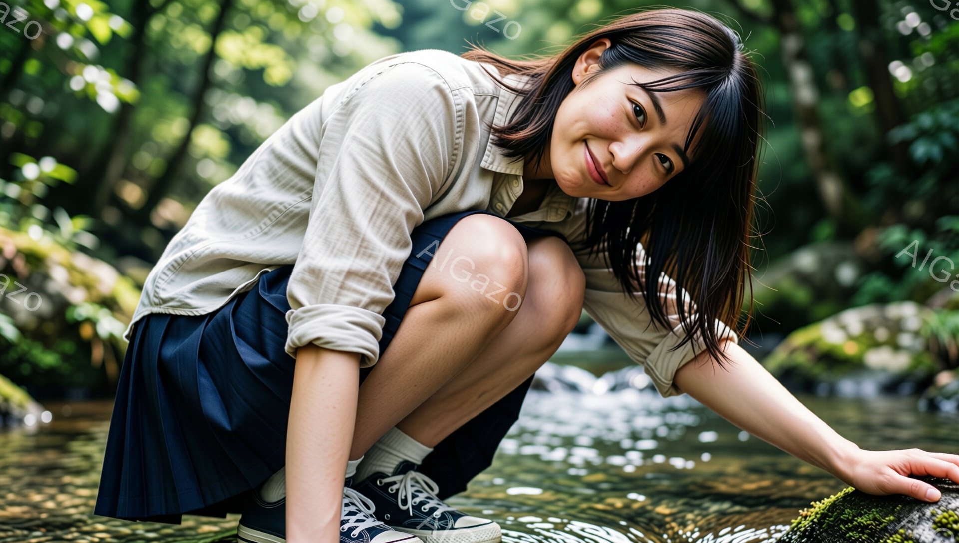若い女性が川岸でひざまずき、手を伸ばして水面に触れようとしている。彼女はベージュ色のシャツと濃い青色のプリーツスカート、黒いスニーカーを身につけており、髪は肩にかかる長さで少し無造作にまとめられている。背景には緑豊かな木々や岩がみえ、日差しが差し込んで自然の中でリラックスした雰囲気が漂っている。