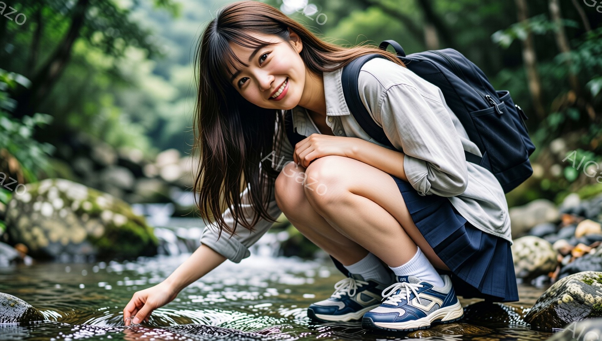 長い茶色の髪をサイドに流し、笑顔を見せる若い女性が写っている。彼女はグレーのシャツに紺色のプリーツスカート、白いソックスとスニーカーを履き、背中にリュックサックを背負っている。彼女は小川のそばでうずくまり、片手を水に伸ばしている。