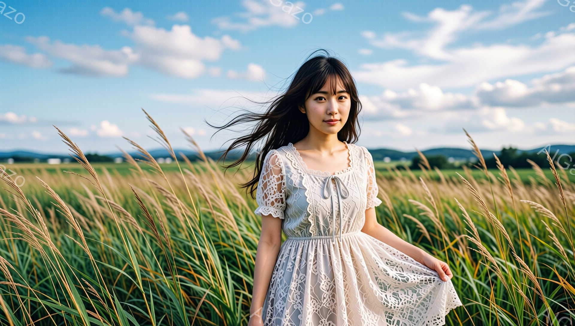 長い黒髪を風になびかせ、白いレースのワンピースを着た若い女性が写っている。彼女はわずかに微笑み、リラックスした表情で、草むらの中央に立っている。背景には緑豊かな草原が広がり、遠くには山々が見え、晴れた - AI生成フリー素材