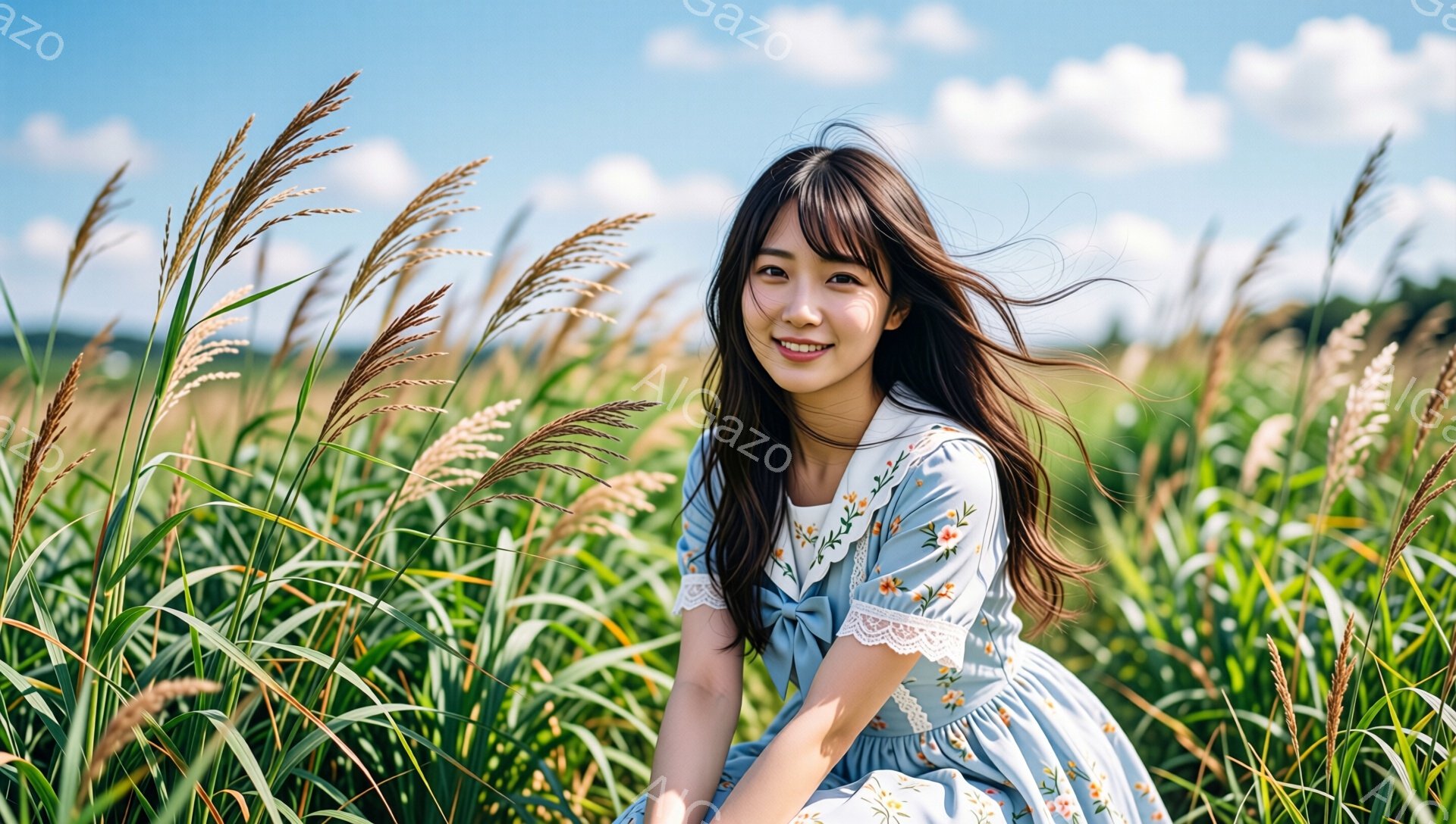 青い花柄のワンピースを着た若い女性が、背の高いススキの野原で膝を曲げて座っている。彼女は黒髪で、前髪を少しサイドに流し、微笑んでいる。空は晴れ、白い雲が浮かび、ススキの穂は風に揺れており、全体的に穏や - AI生成フリー素材