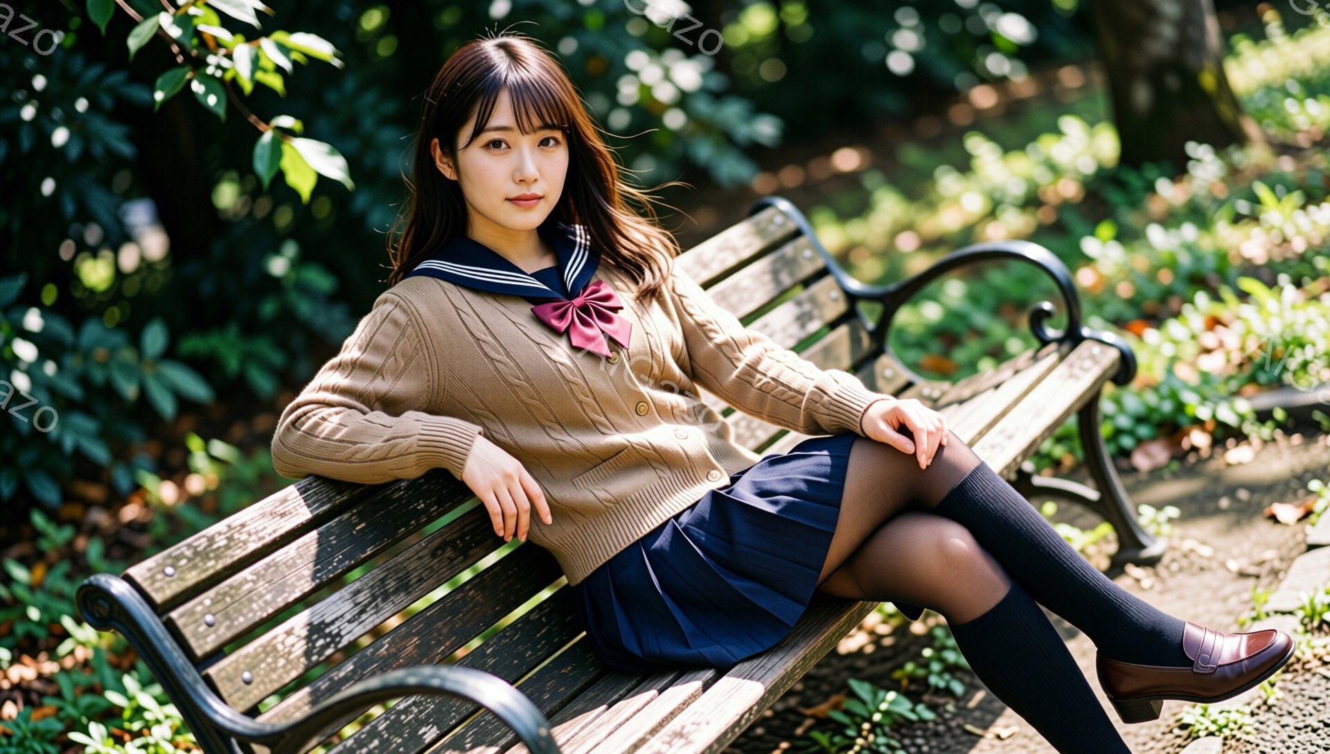 若い女性が公園のベンチに座っており、ベージュのカーディガン、紺色のスカート、黒いタイツ、茶色のローファーを着用しています。彼女は長い茶色の髪をサイドパートにしており、わずかに微笑んでいます。背景には緑豊かな木々が見え、秋の穏やかな日差しが彼女を照らしています。