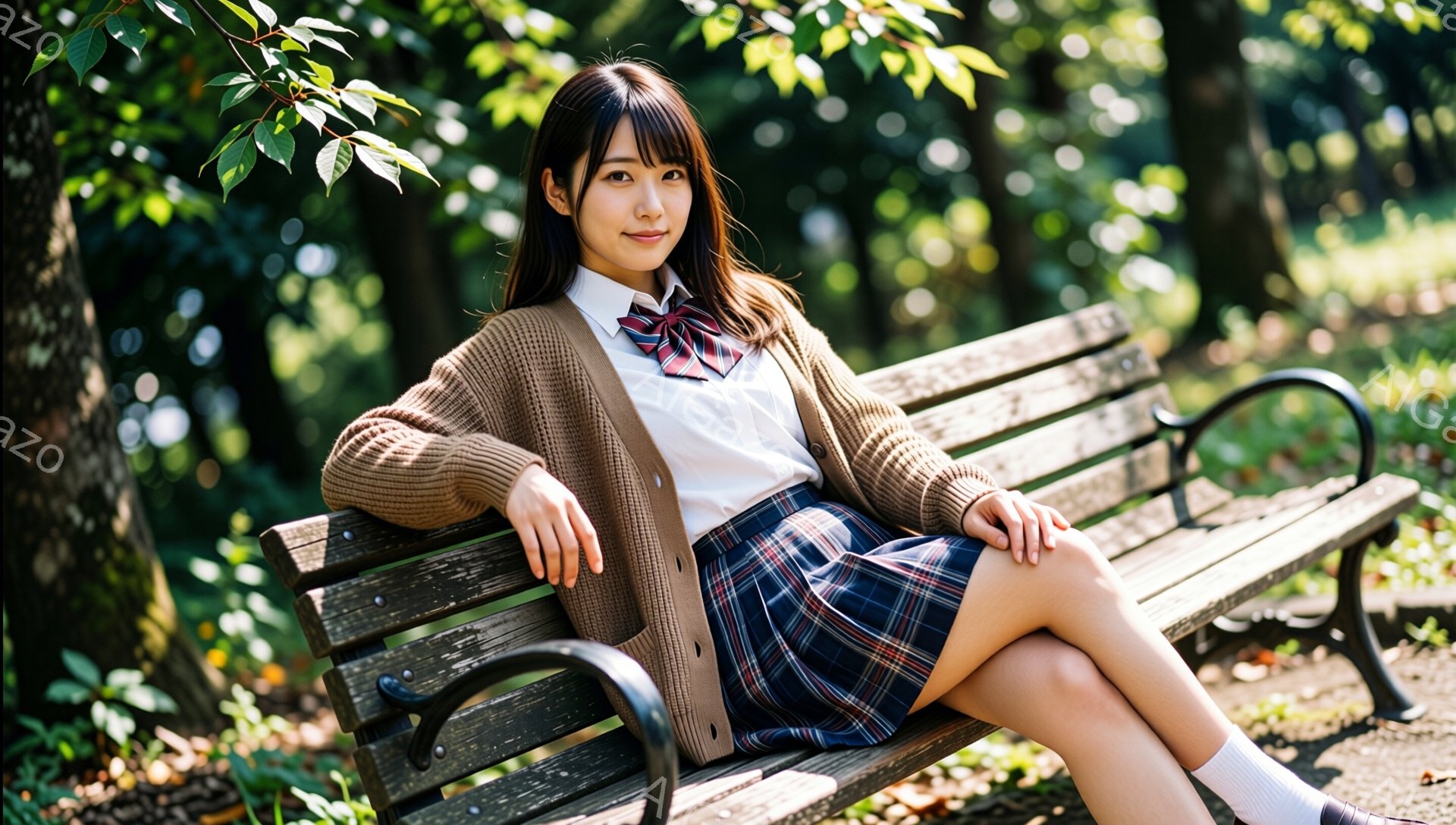 茶髪の長い髪を肩で分けており、前髪は眉毛にかかるように流している女性が、公園のベンチに座っています。白いシャツにチェック柄のスカート、茶色のカーディガンを着ており、ピンクのリボンがアクセントになっています。背景には緑豊かな木々が見え、日差しが差し込み、穏やかでリラックスした雰囲気が漂っています。