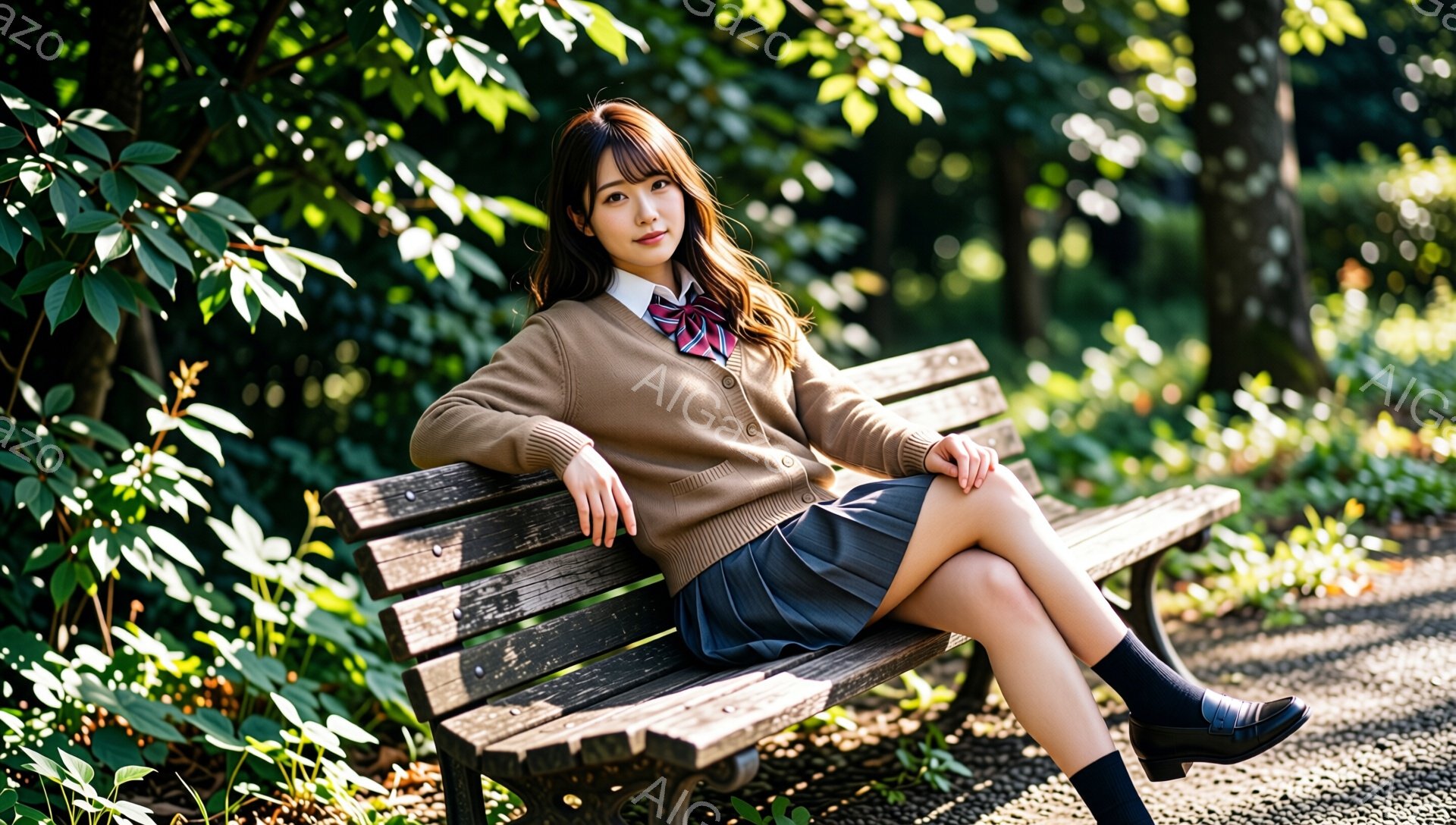 茶色のベンチに座っている女性は、ベージュのカーディガン、濃い青色のプリーツスカート、黒い靴下と革靴を身に着けている。彼女は長い茶色の髪を肩にかけ、明るい笑顔でこちらを見ている。背景には緑豊かな木々と道があり、暖かい日差しが差し込み、穏やかでリラックスした雰囲気を醸し出している。