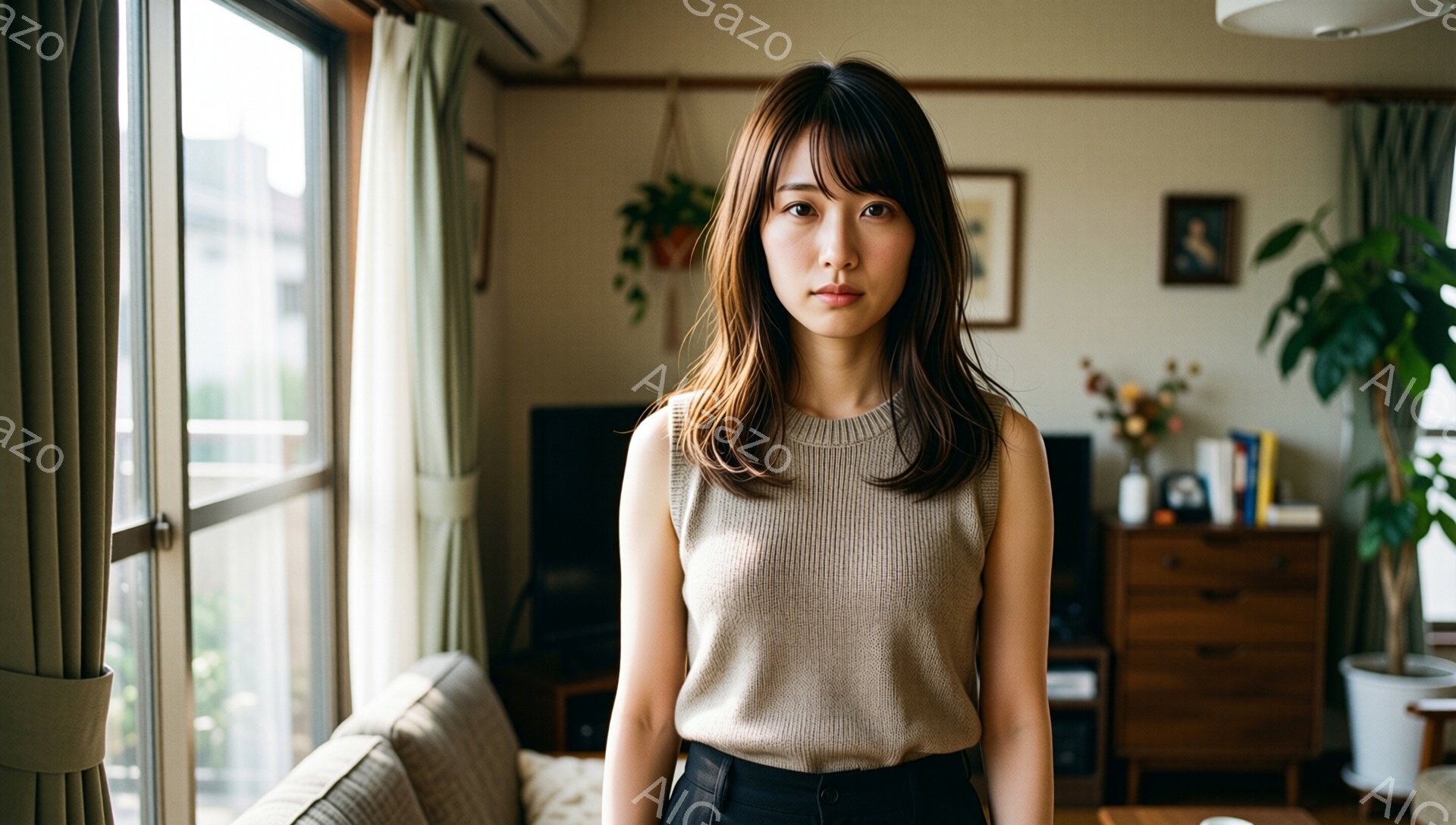 茶髪の女性が窓辺に立っており、ベージュのニットトップスと黒いパンツを身につけている。彼女は肩を少し落とし、正面を見据えた穏やかな表情をしている。背景には木製の家具や観葉植物が見え、部屋全体が明るく暖かい雰囲気を醸し出している。