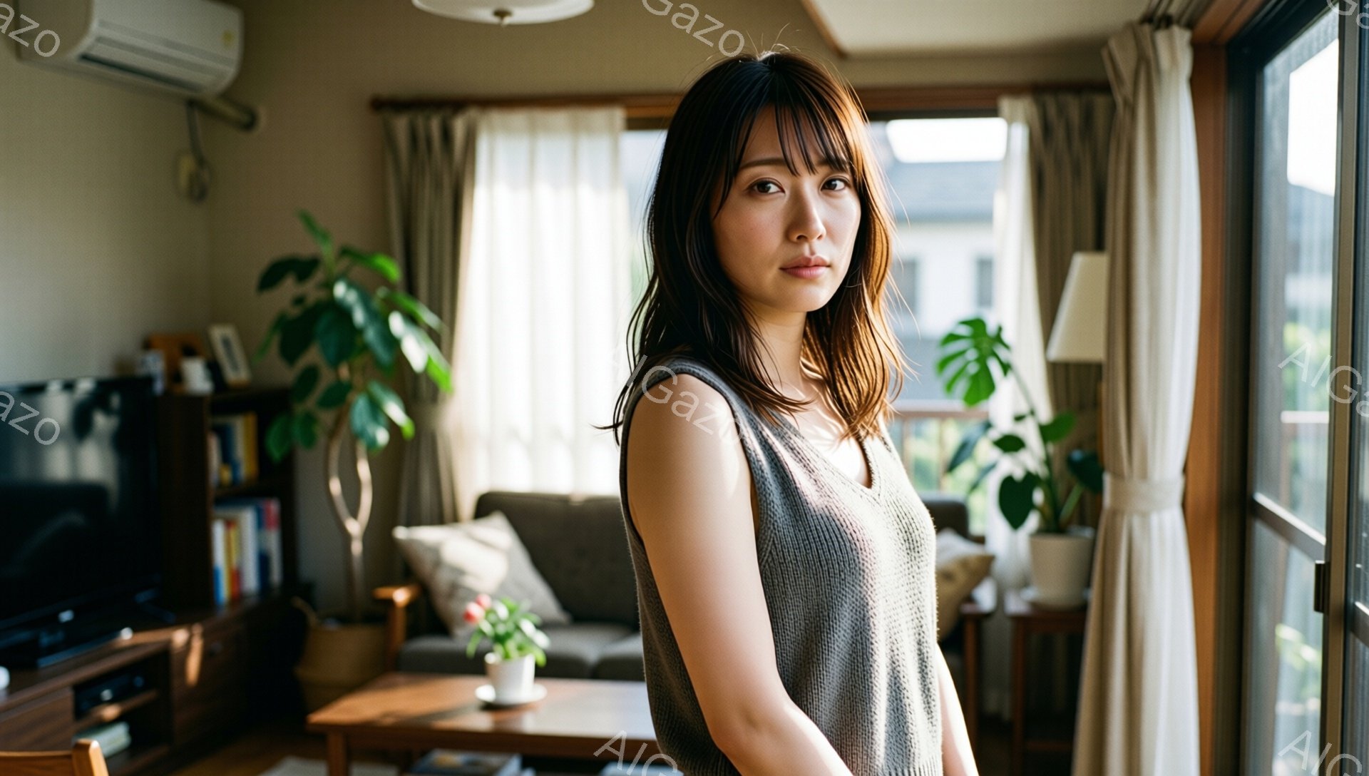 長い髪をサイドに流した女性が、ベージュ色のノースリーブのトップスを着ています。彼女は少し微笑んだ表情で、わずかに体を傾け、リラックスした姿勢を見せています。背景には、植物や家具が配置されたリビングルームが見え、窓の外には緑豊かな風景が広がっています。