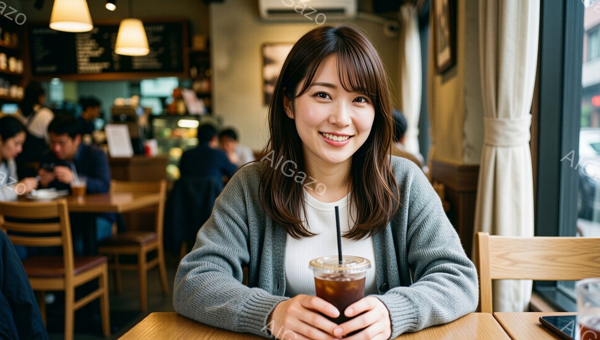画像には、明るい笑顔を浮かべた若い女性が写っています。彼女はグレーのカーディガンと白いTシャツを着ており、肩までの長さの茶髪をしています。背景にはカフェの様子が見え、他の客やカウンター、メニューなどがぼんやりと写っており、温かく親しみやすい雰囲気が漂っています。