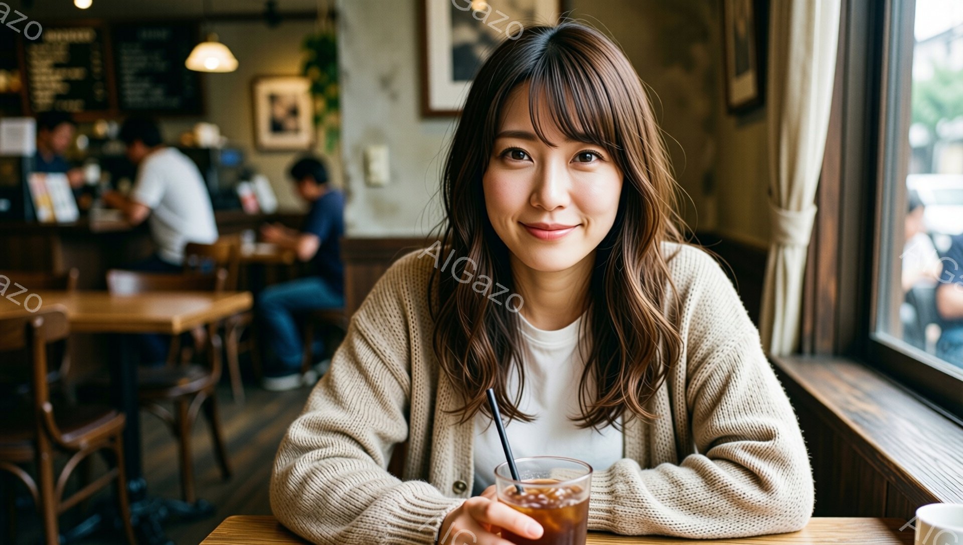 茶髪のロングヘアで、前髪は眉毛にかかるように流された女性が、窓際のテーブルでドリンクを手に微笑んでいます。ベージュのカーディガンに白いインナーを着ており、リラックスした雰囲気です。背景にはカフェのテーブルや椅子が見え、自然光が差し込む穏やかな空間が表現されています。