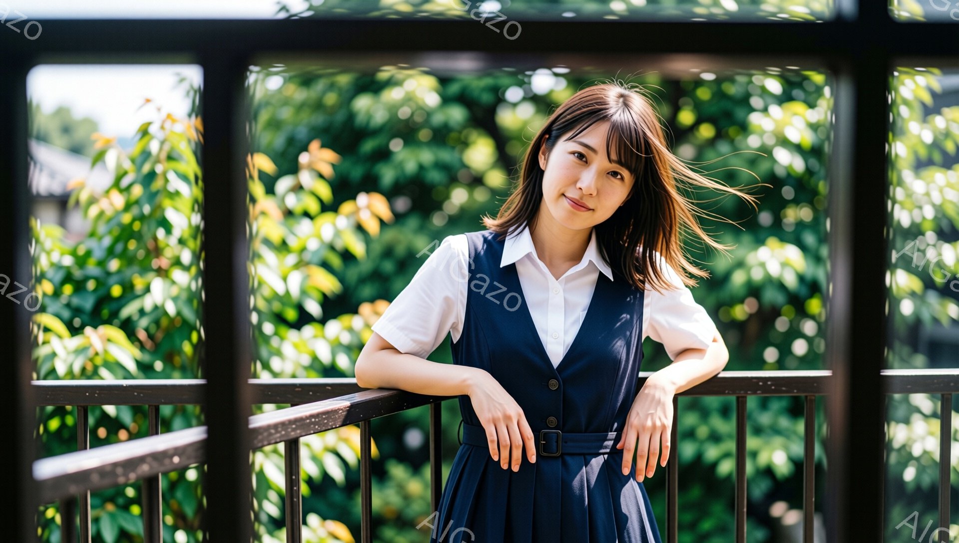画像には、紺色のベストと白いシャツを着た若い女性が写っています。彼女は軽く微笑み、少しうつむき加減で、手は錆びた金属製の柵に置いてリラックスした姿勢をとっています。背景には緑豊かな木々が茂り、晴れた日 - AI生成フリー素材