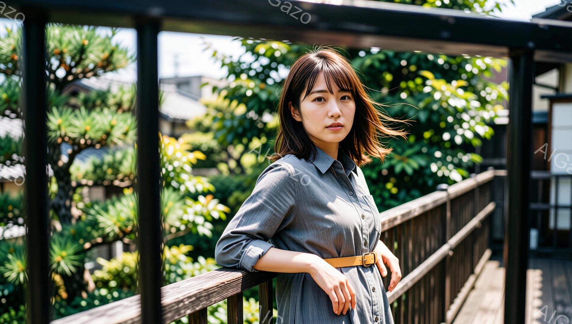 若い女性が、グレーのシャツドレスに茶色のベルトを着用し、木製の柵にもたれて立っている。彼女は少し微笑んでおり、茶色の髪は肩のあたりでカットされている。背景には緑豊かな植物と伝統的な日本の家屋が見え、晴 - AI生成フリー素材
