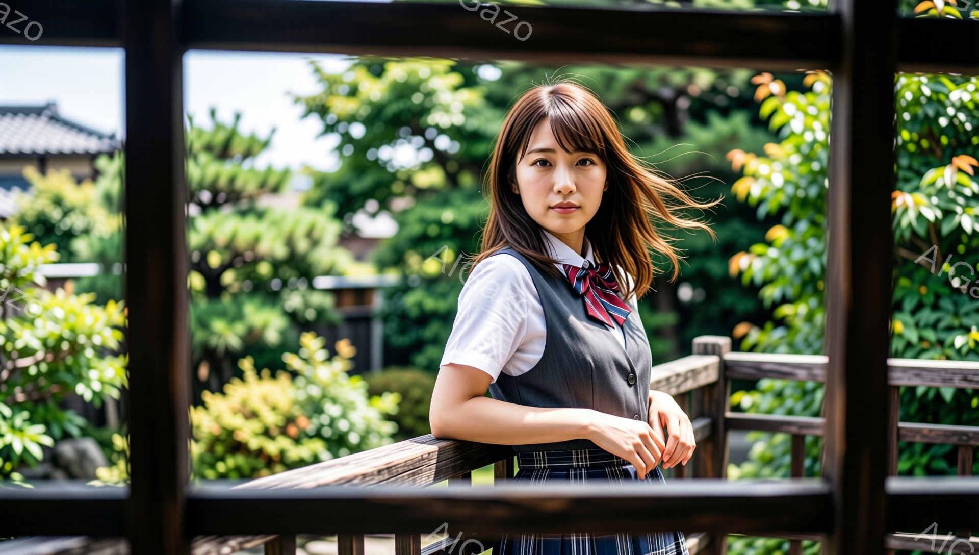 画像には、制服を着た若い女性が写っています。彼女はグレーのベスト、白いシャツ、チェック柄のスカートを着用し、ネクタイを結んでいます。彼女は木製の柵にもたれかかり、わずかに微笑み、リラックスした雰囲気を醸し出しています。