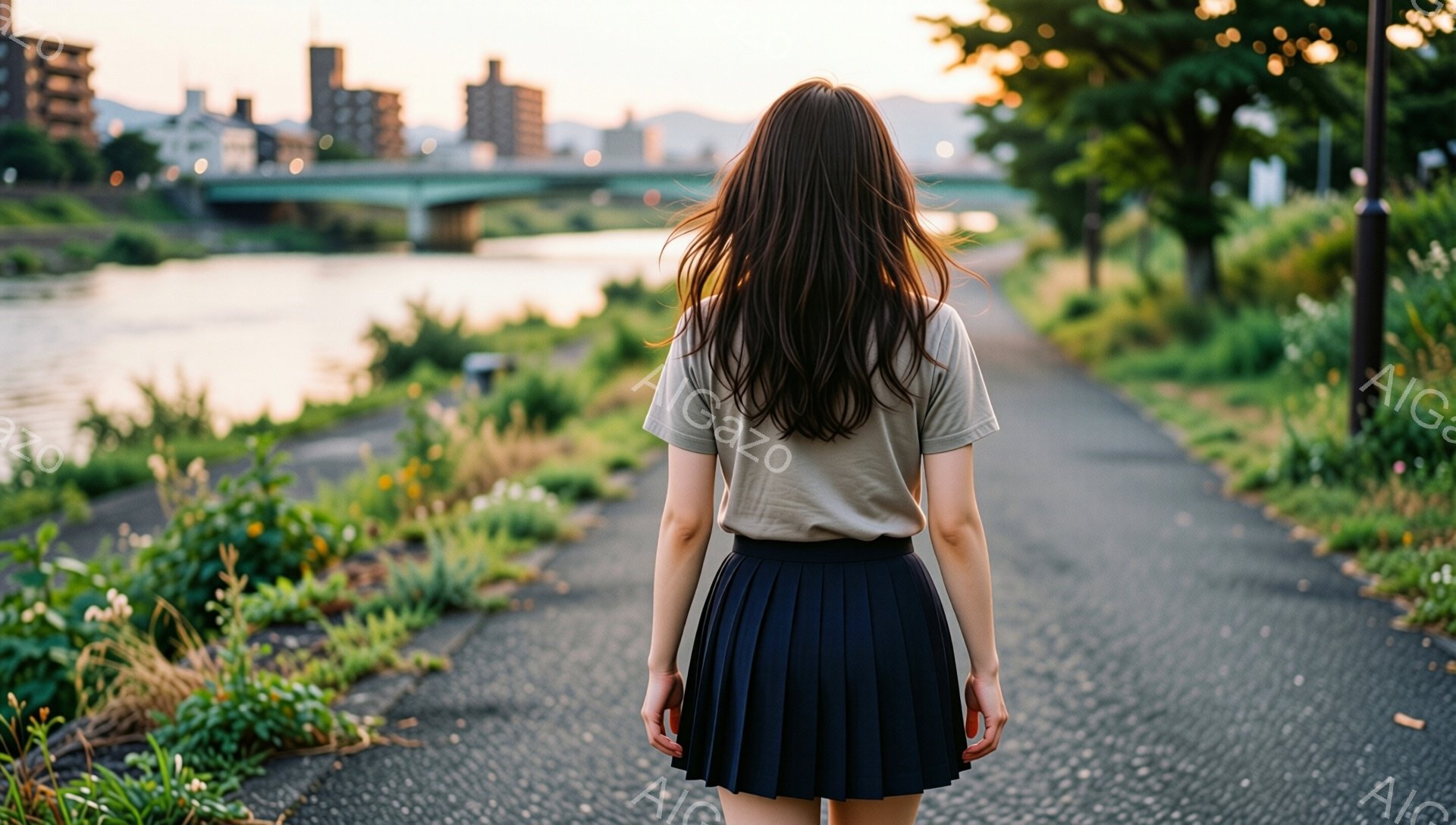 長い茶色の髪の女性が、アスファルトの道の中央を歩いており、後ろ姿しか見えません。ベージュ色のTシャツとプリーツの濃い青いスカートを着用しています。背景には川、緑豊かな植物、遠くの建物が見え、夕暮れ時の穏やかな雰囲気が漂っています。