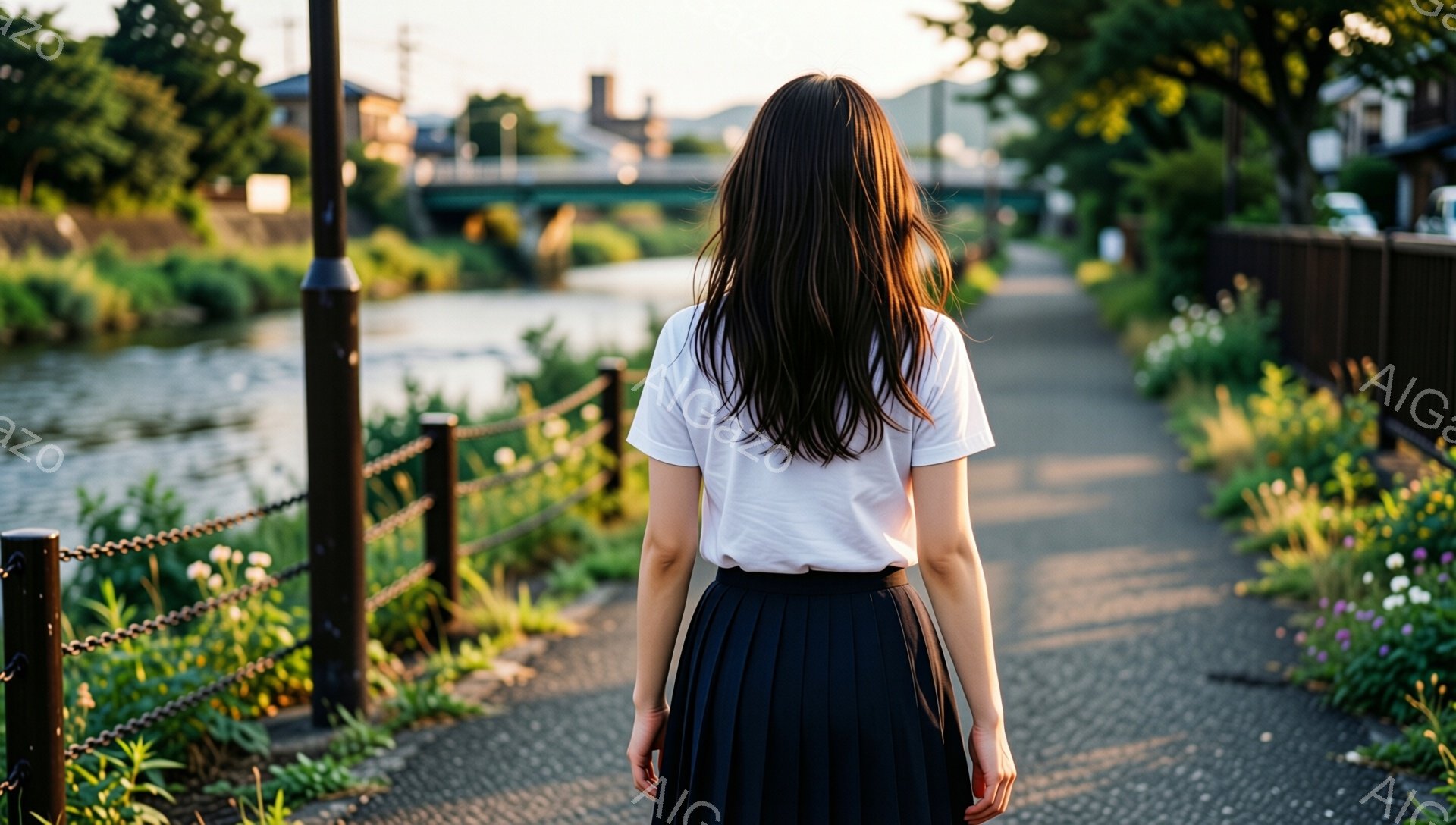 後ろ姿の女性が、白いTシャツと黒のプリーツスカートを着用し、遊歩道を歩いている。遊歩道の脇には緑豊かな草花が咲き乱れ、背景には川と橋が見える穏やかな風景が広がっている。夕暮れ時の柔らかい光が全体を包み込み、静かで穏やかな雰囲気を醸し出している。