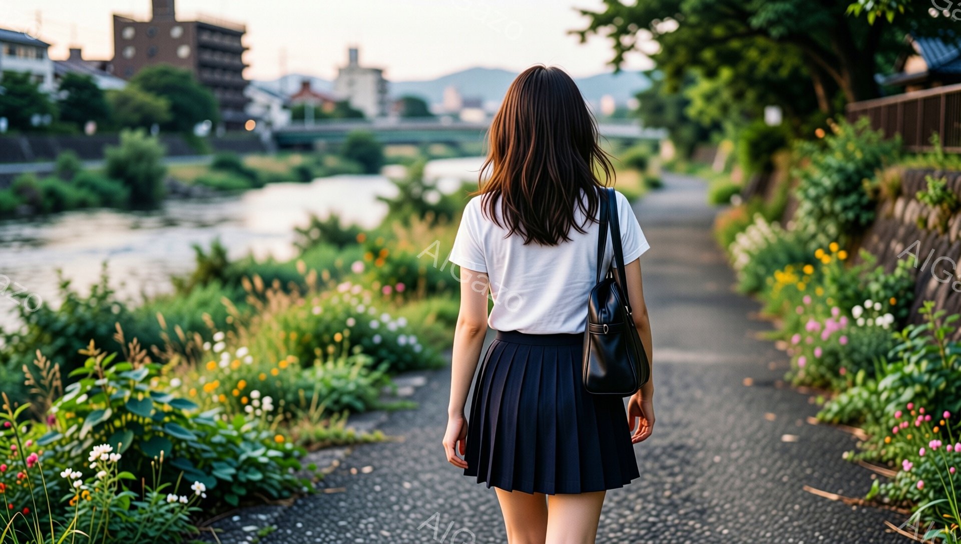 白いTシャツにプリーツスカートを履いた女性が、道を歩いている後ろ姿が写っている。彼女は黒いショルダーバッグをかけており、長い黒髪が背中に広がっている。背景には川と緑豊かな植物、そして遠くの山々が見え、穏やかで平和な雰囲気を醸し出している。