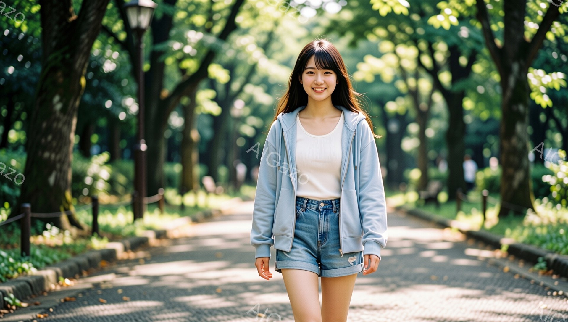 若い女性が公園の道を歩いている。明るいブルーのパーカーとデニムショートパンツを着ており、肩まで伸びたダークブラウンの髪は少しカールしている。彼女はカメラに向かって微笑んでおり、リラックスした雰囲気で前 - AI生成フリー素材