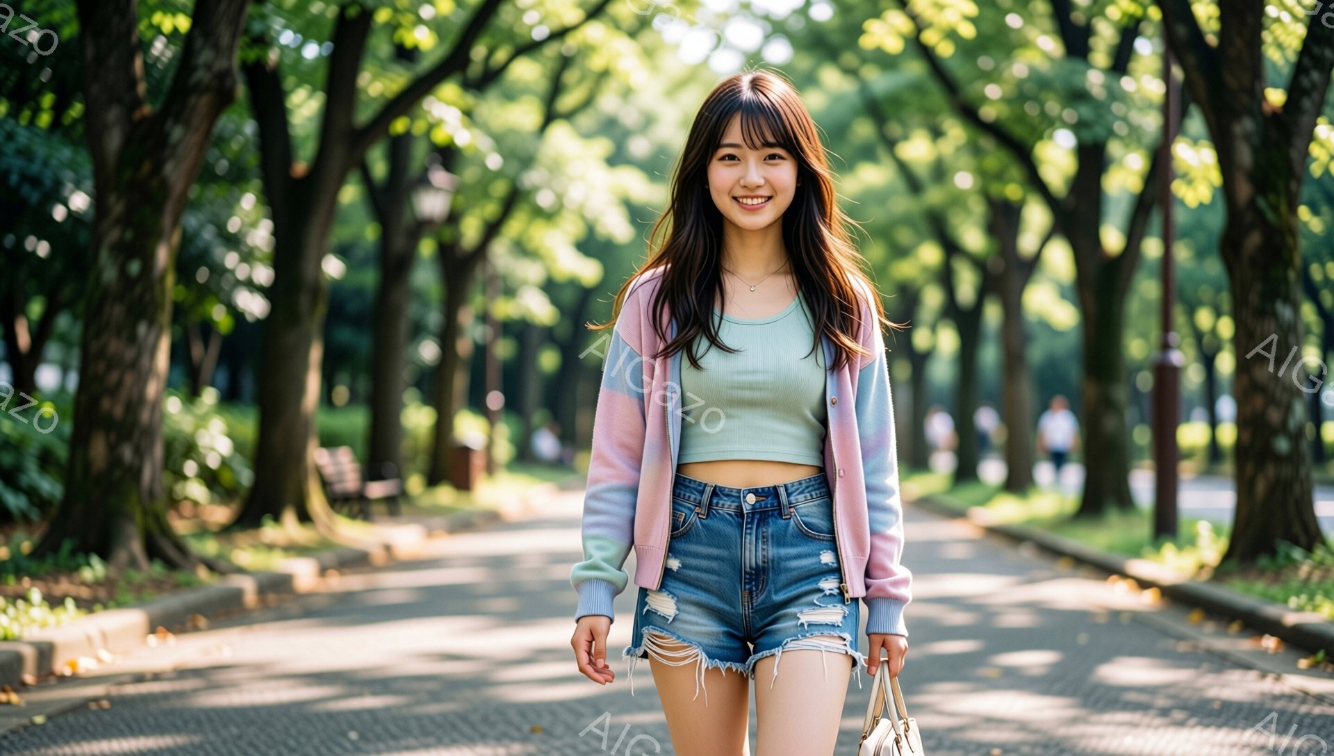 若い女性がアスファルトの道の上を笑顔で歩いている。彼女は明るい緑色のクロップドトップスに、水色のショートデニム、そしてピンクと薄紫のカラフルなカーディガンを着ている。背景には緑豊かな木々が生い茂り、晴れた日の穏やかな雰囲気が感じられる。