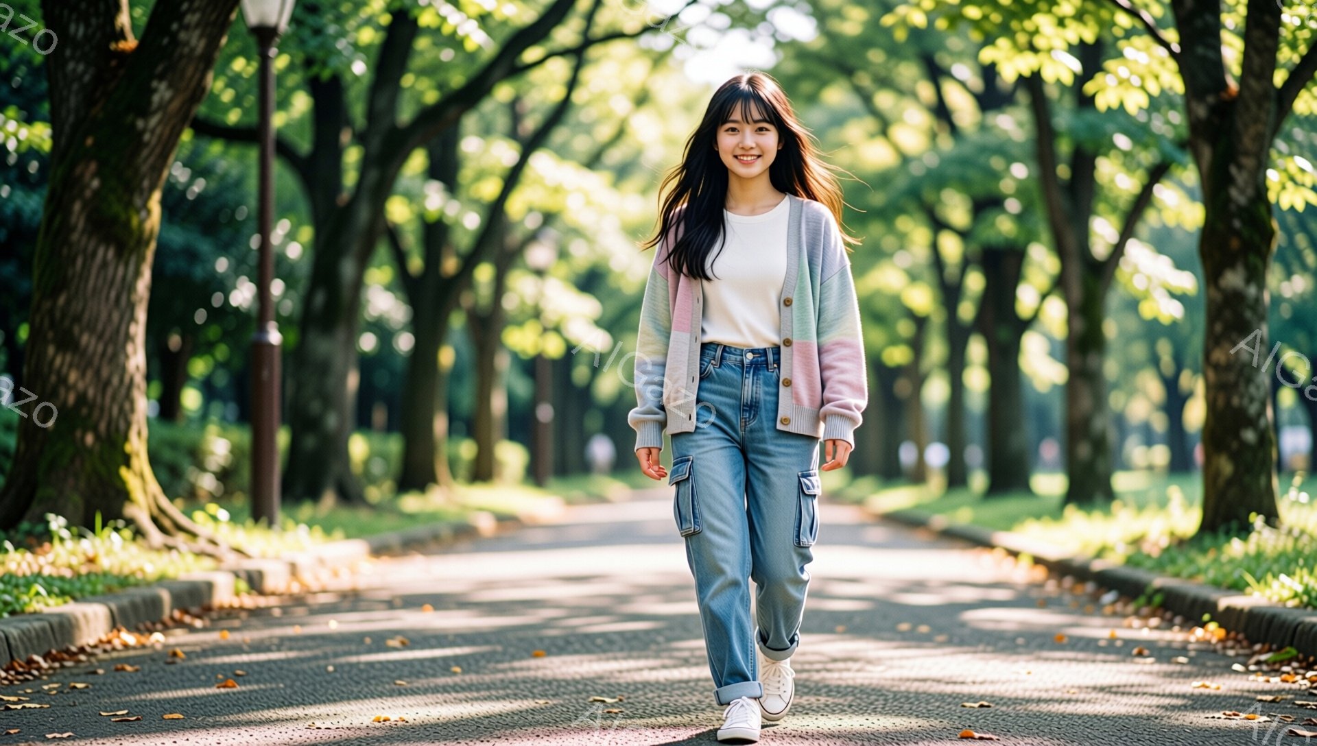若い女性が公園の道の中央を歩いている。彼女はパステルカラーのカーディガン、水色のカーゴパンツ、白いスニーカーを身に着けており、長い髪は自然なウェーブがかかっている。背景には緑豊かな木々が生い茂り、太陽 - AI生成フリー素材