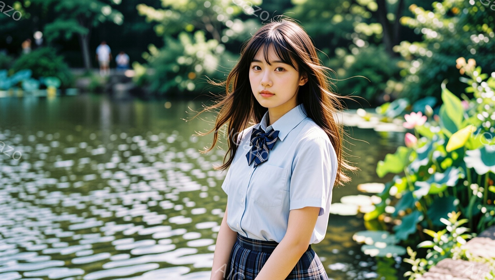 明るい日差しの下、少女が水辺に立っている。彼女は水色のシャツにチェック柄のスカートを着用し、ネクタイを結んでいる。表情は少し憂いを帯びており、髪は肩まで伸びて自然に広がっている。