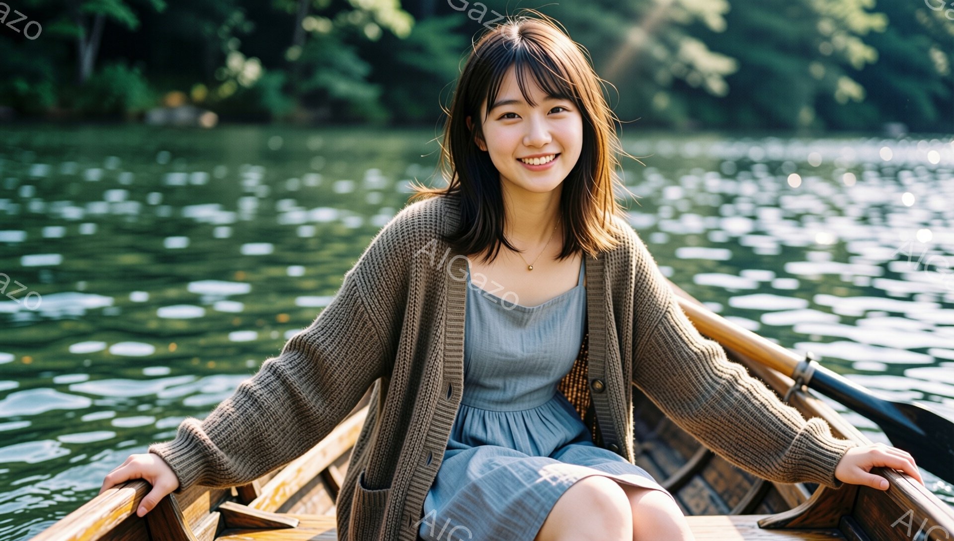 若い女性がボートの中に座り、微笑んでいます。彼女は茶色のニットカーディガンと灰色のワンピースを着ており、髪は肩までの長さで前髪があります。背景には水面がキラキラと輝き、緑豊かな自然が広がっており、穏や - AI生成フリー素材