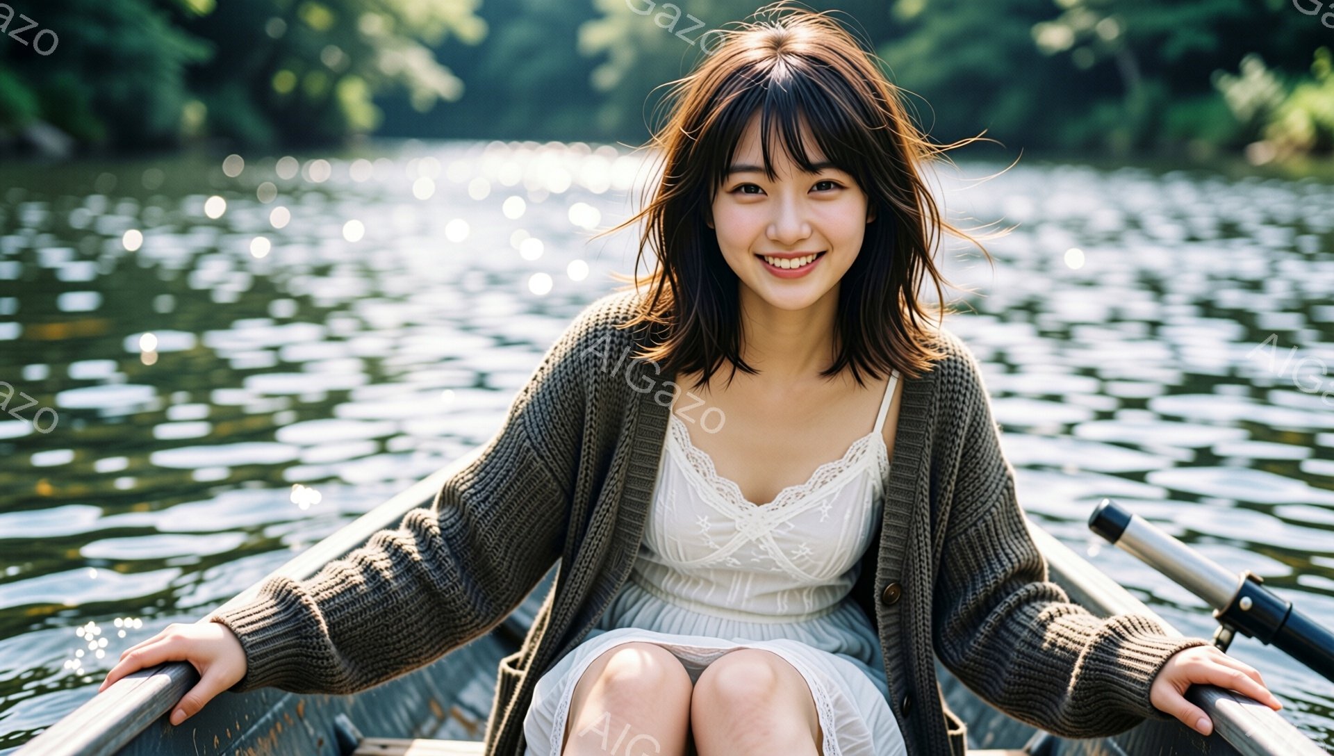 若い女性がボートに座り、笑顔でカメラを見ている。彼女は白いレースのキャミソールに、グレーのカーディガンを羽織っている。背景は水面がキラキラと輝く穏やかな湖で、緑豊かな木々がぼんやりと見える、暖かい日差しが差し込む穏やかな雰囲気の写真だ。
