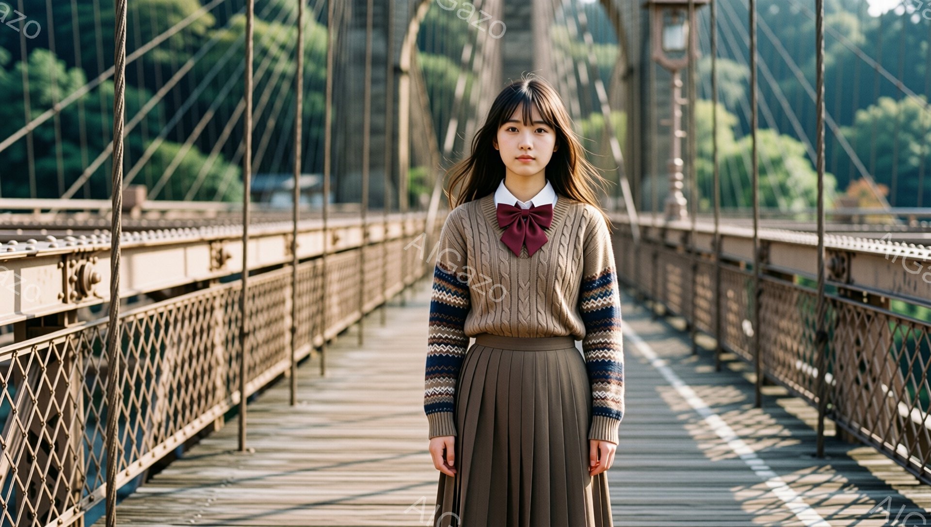 少女は吊り橋の中央で正面を向いて立っており、ベージュのケーブルニットセーターに茶色のプリーツスカート、そして茶色のリボンを締めています。彼女はダークブラウンのストレートヘアで、少し憂いを含んだ表情をしています。背景は緑豊かな木々に囲まれた橋の構造で、光が差し込み、ノスタルジックで穏やかな雰囲気を醸し出しています。