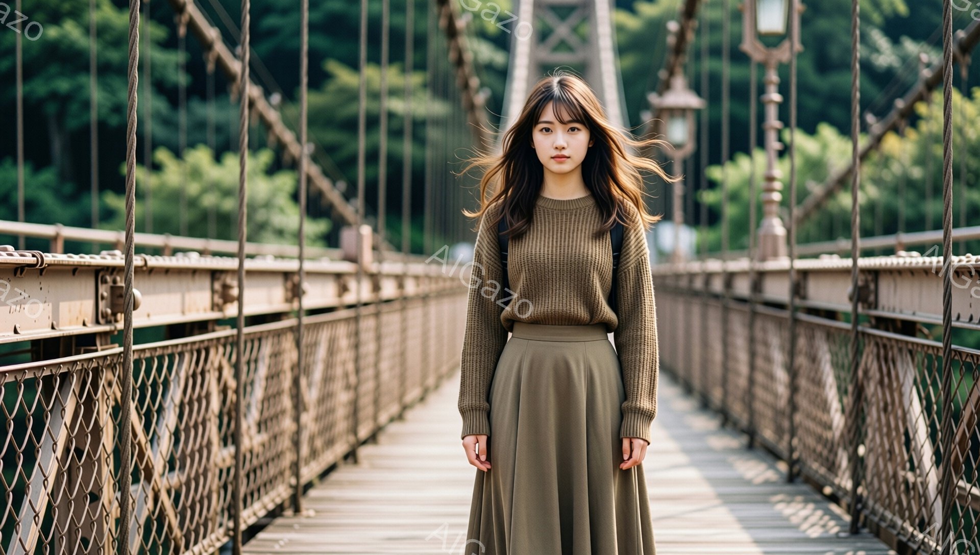 長い茶色の髪を無造作にまとめた女性が、吊り橋の中央で正面を向いて立っている。ベージュのセーターとスカートを身につけ、穏やかで少し憂いのある表情をしている。背景には緑豊かな木々が生い茂り、吊り橋の金属構造がその奥行きを強調し、静かで自然に囲まれた雰囲気を醸し出している。