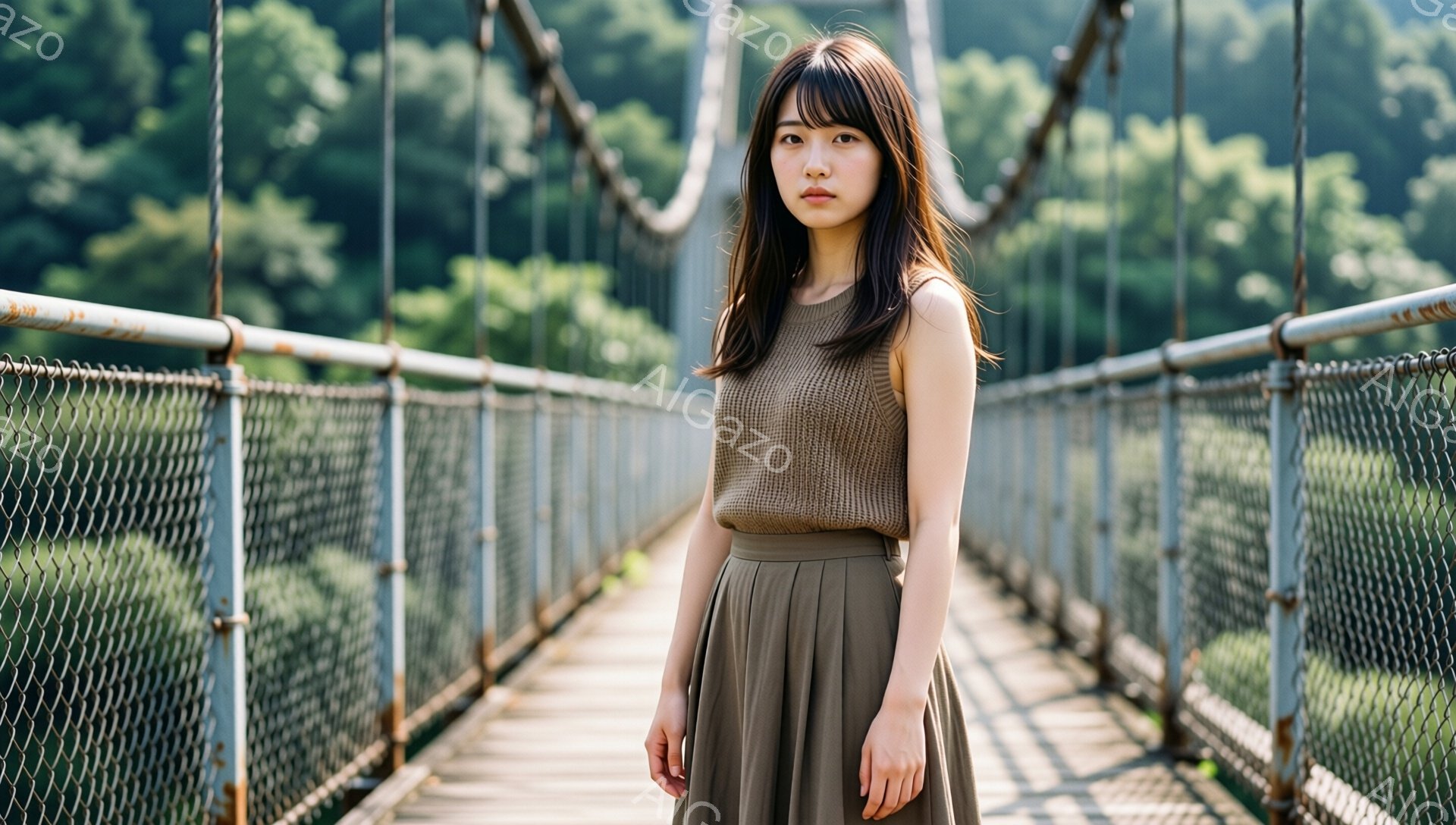 長い茶色の髪を耳にかける女性が、吊り橋の中央に立っている。ベージュのニットトップスとオリーブグリーンのフレアスカートを身につけ、わずかに微笑んでいる。背景には緑豊かな木々が見え、晴天の下、どこか懐かしい雰囲気の風景が広がっている。