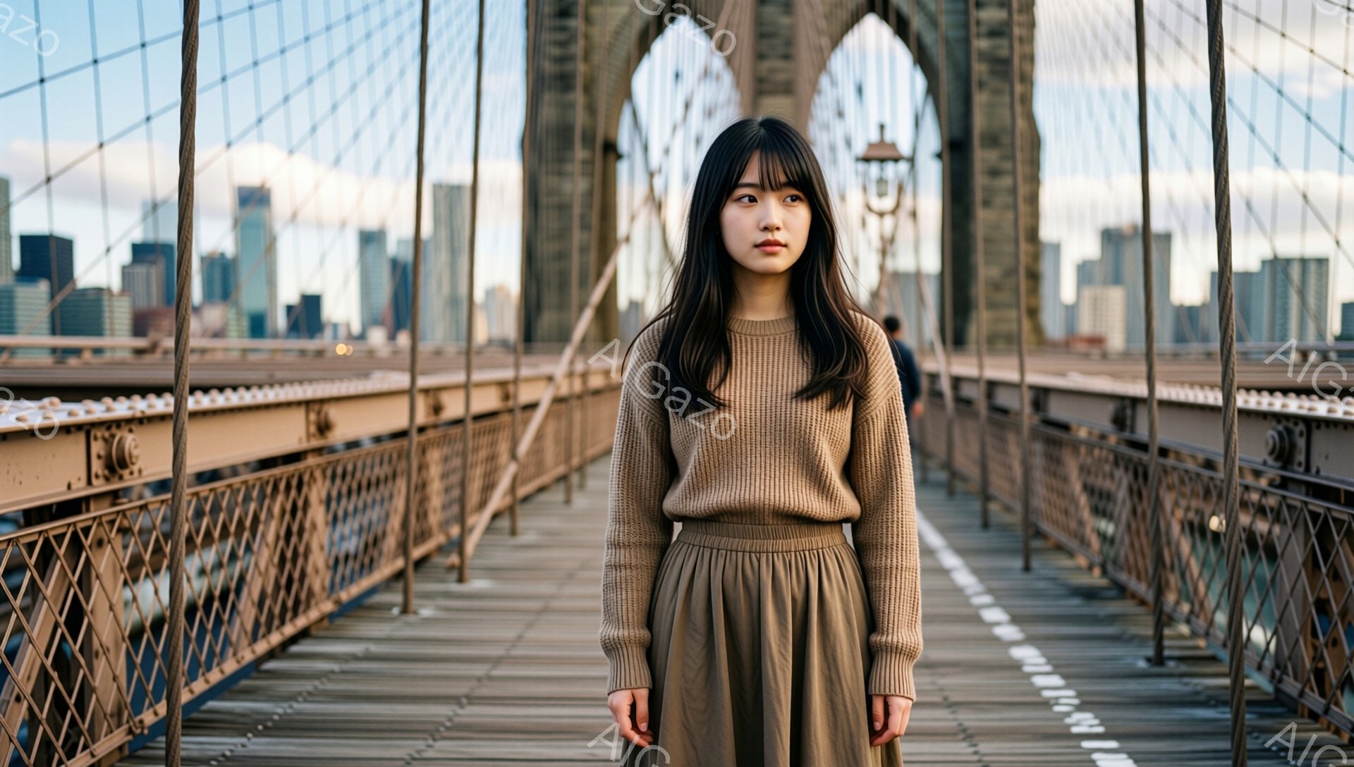 茶色のニットセーターとスカートを身につけた若い女性が、ブルックリン橋の中央付近で正面を向いて立っている。彼女はストレートでダークブラウンの髪を持ち、少し物憂げな表情をしている。背景には高層ビル群と薄曇りの空が広がり、橋の鉄骨構造が印象的な奥行きを作り出している。
