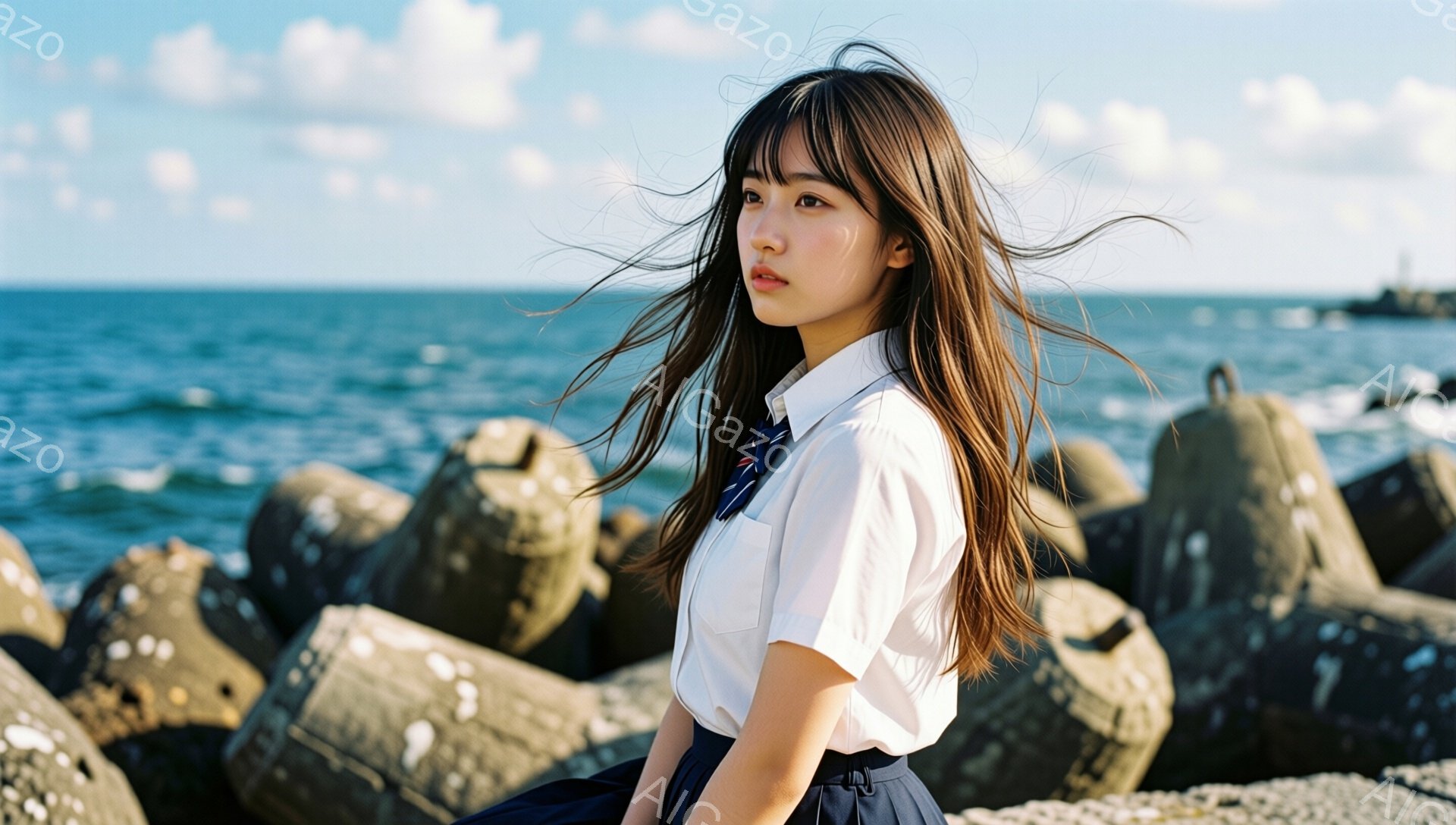 長い茶色の髪が風になびき、白いシャツに紺色のスカートを身につけた若い女性が写っている。彼女は横を向いて少し憂いを帯びた表情で、打ち寄せる波と波消波ブロックが並ぶ海岸線に座っている。空は晴れ、海は穏やかで、全体的に少し物憂げでノスタルジックな雰囲気を醸し出している。