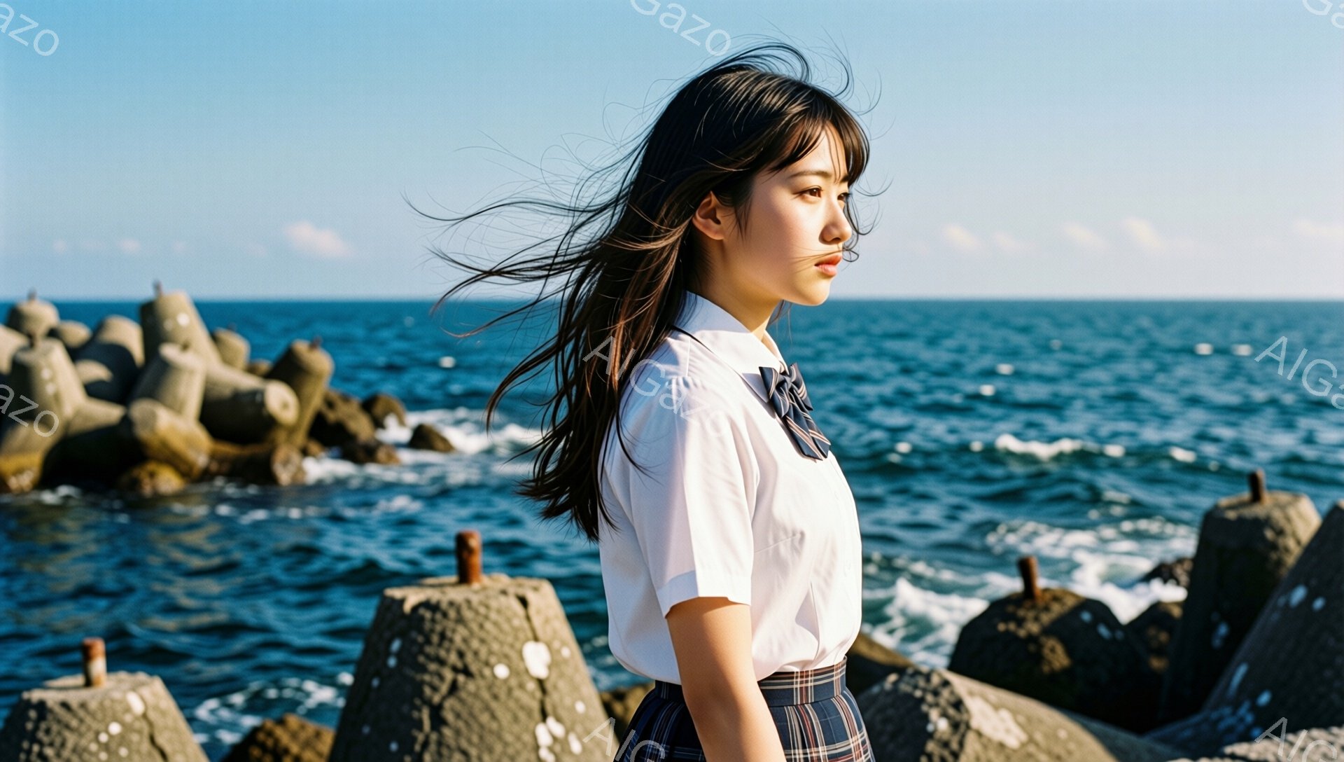 黒髪の女性が、白いシャツとチェックのスカート、そしてネクタイを着用し、海を背景に横を向いている。彼女の髪は風に吹かれ、憂いを帯びた表情で遠くを見つめている。背景には、波が打ち寄せる荒々しい岩場と、晴れた空が広がり、どこか寂しげでノスタルジックな雰囲気を醸し出している。