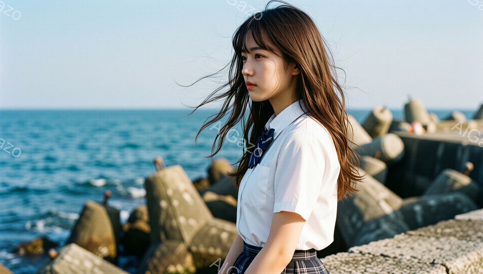 紺色のブレザーに白いシャツとチェック柄のスカートを身につけた若い女性が、海を背景に立っている。彼女は少し横を向いており、長い髪が風になびいている。背景には、打ち砕かれた岩と穏やかな青い海が広がり、どこ - AI生成フリー素材
