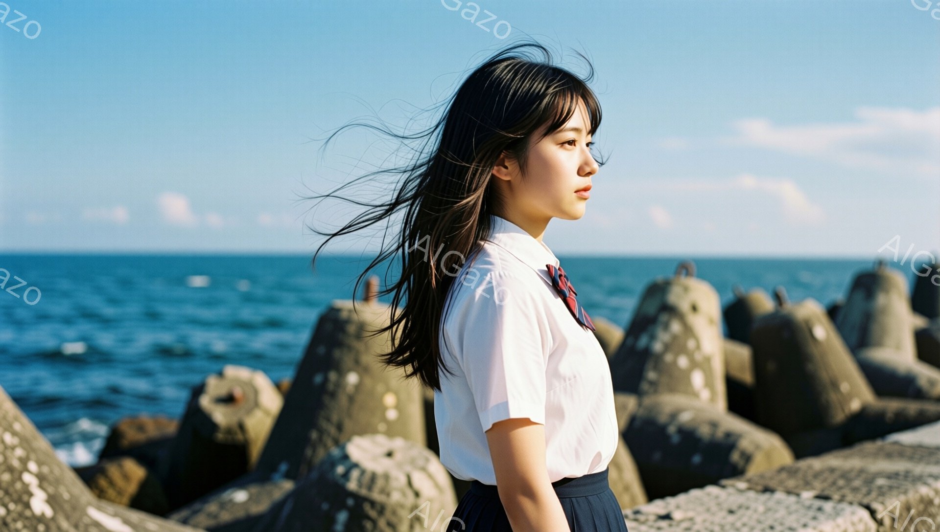 長い黒髪が風になびき、白いシャツと紺色のスカートの制服を着た若い女性が、横顔でこちらを見ている。背景には青い海と、波消波ブロックが並び、晴天の下で穏やかな雰囲気が漂っている。彼女の表情はどこか憂いを帯びており、海風を受けて物思いにふける様子が伺える。