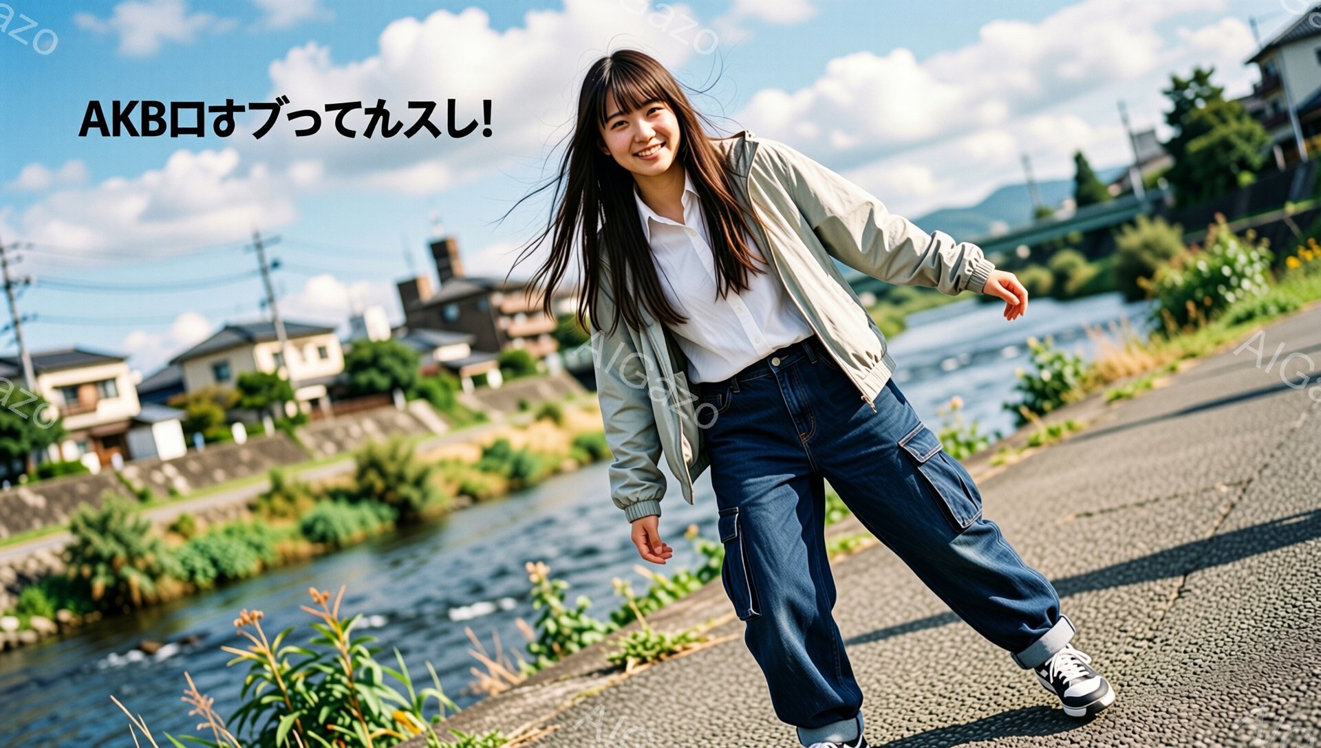 若い女性がアスファルトの道で、少し走っているようなポーズをとっています。白いシャツに、カーキ色のジャケット、ゆったりとしたデニムパンツ、スニーカーを履いており、髪は肩まで伸びたストレートヘアで、笑顔を見せています。背景には川と緑豊かな植物、そして遠くに見える家々と橋があり、晴れた日の穏やかな雰囲気が漂っています。