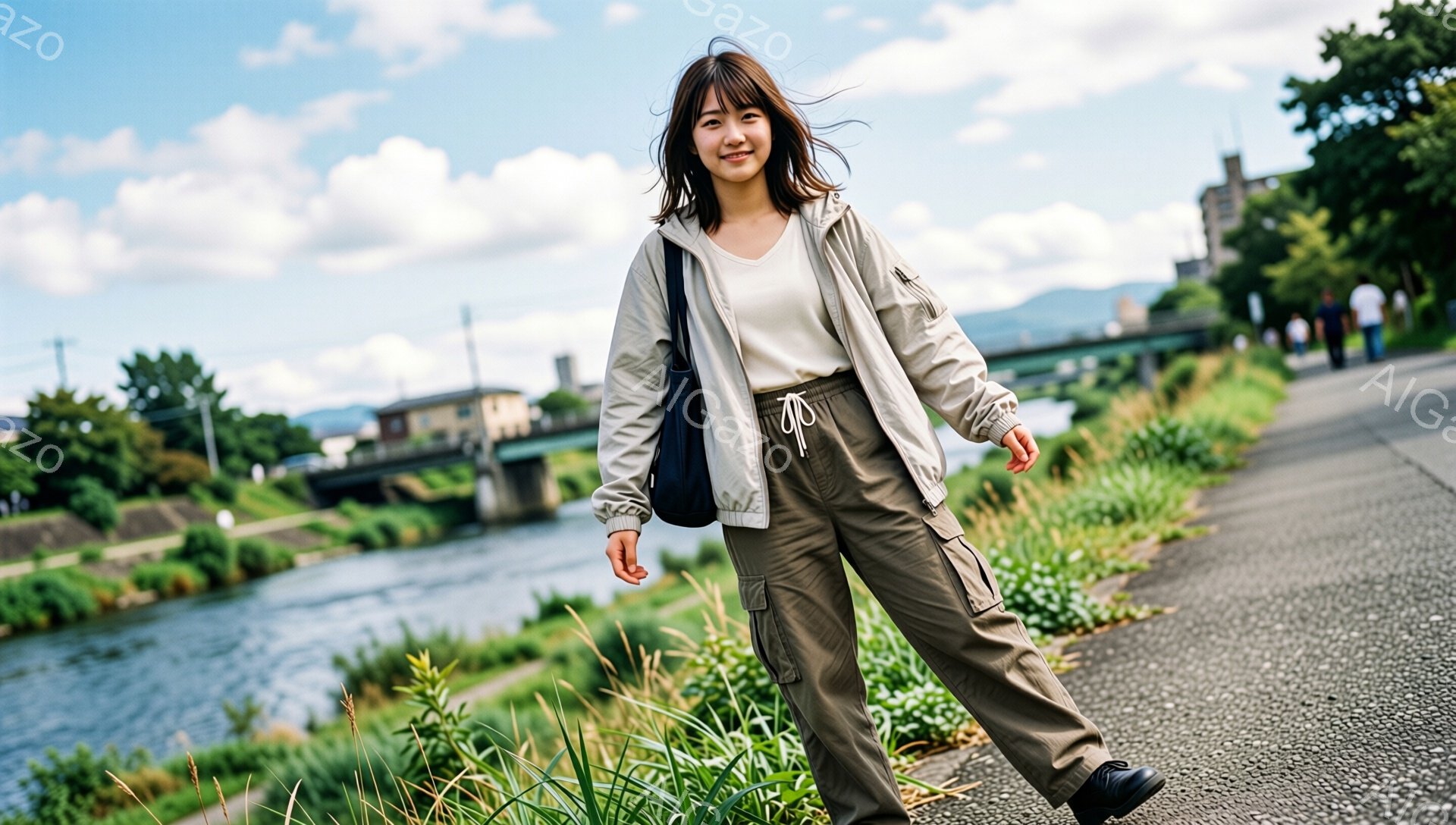 若い女性がアスファルトの道端で、少し横向きに立っています。ベージュのパーカーとカーキ色のカーゴパンツを着用し、肩に黒いショルダーバッグを掛けています。背景には川、緑の草むら、そして遠くには建物と山々が見え、晴天の下、明るく爽やかな印象を与えます。