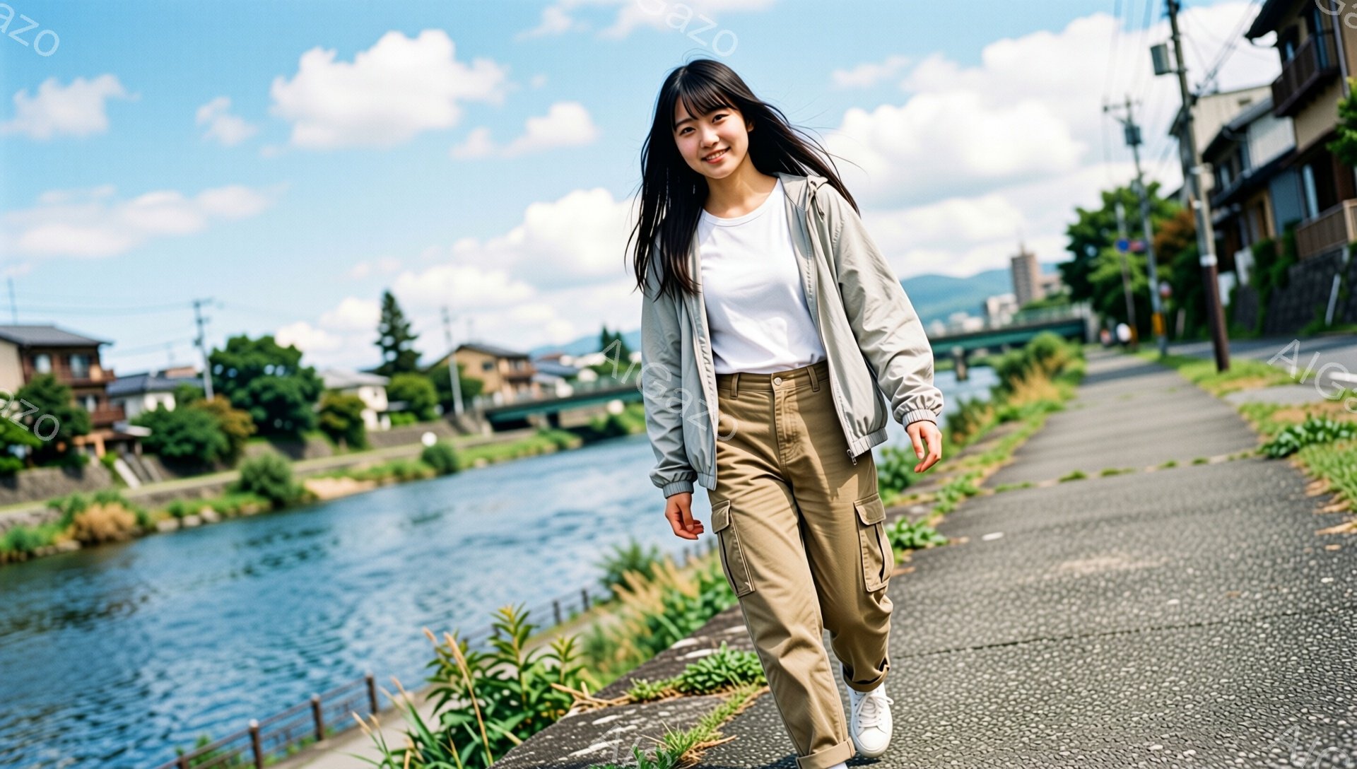 長い黒髪の女性が、ベージュのカーゴパンツと白いTシャツ、ライトグレーのジャケットを着てアスファルトの道の上を歩いている。彼女は笑顔でカメラを見つめ、リラックスした姿勢で、背景には川と緑豊かな植物、そして遠くの建物が見える。晴天で、穏やかで自然な雰囲気が漂っている。