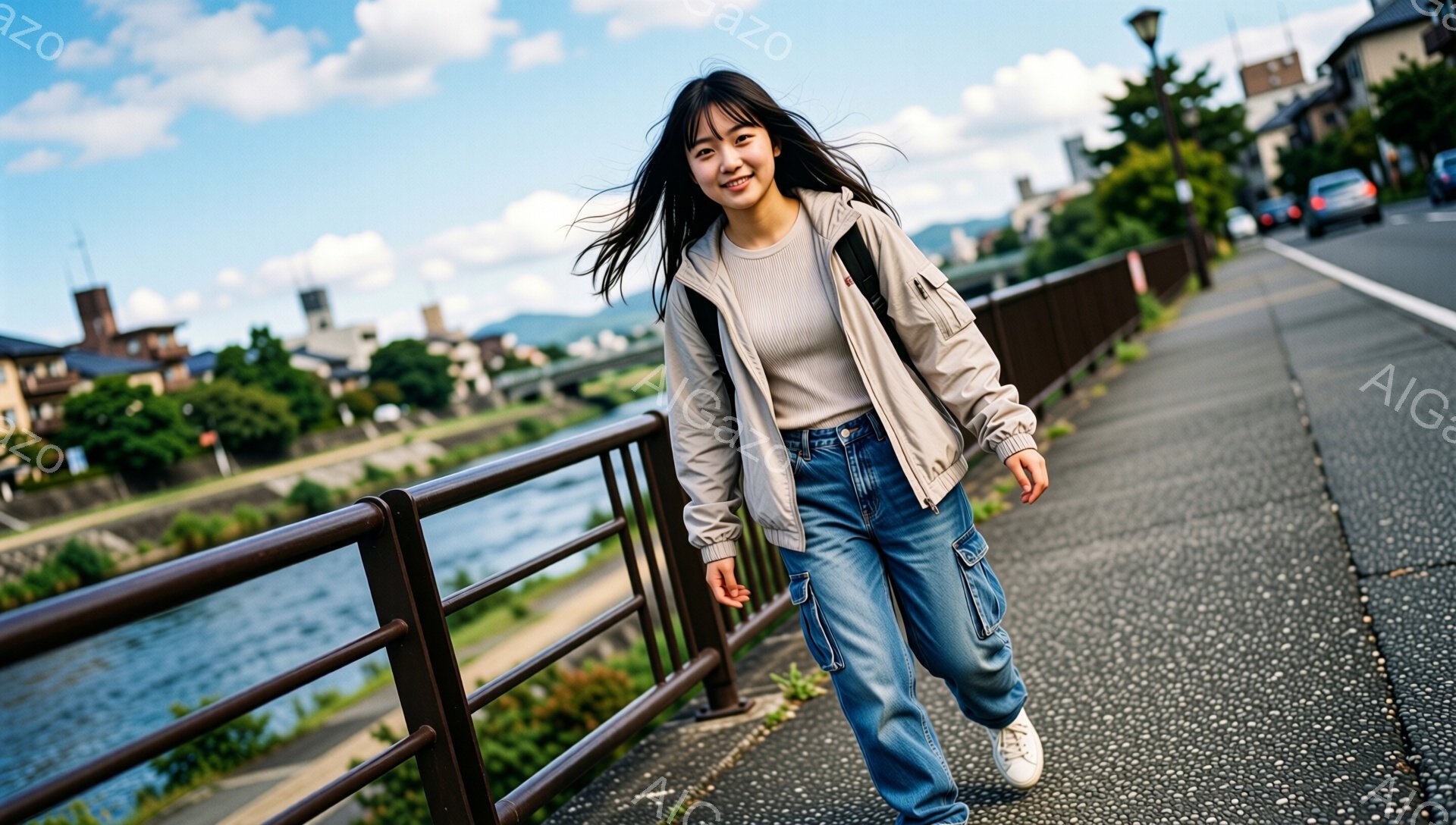 若い女性がアスファルトの遊歩道を軽やかに走っている。ベージュ色のジャケットとルーズフィットのジーンズを身につけ、長い髪を風になびかせながら、楽しそうにカメラに視線を向けている。背景には、川、緑豊かな植物、伝統的な日本の建物が広がり、晴天の空の下、穏やかで活気のある雰囲気が感じられる。