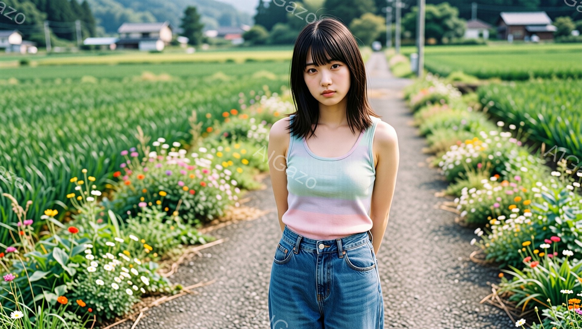 若い女性が花畑の小道に立っている。彼女は、パステルカラーのキャミソールとハイウエストのデニムジーンズを着ており、ダークブラウンのヘアスタイルは肩のあたりで切り揃えられている。彼女の表情は少しクールで、背景には緑豊かな田園風景と遠くに見える家々が広がっている。